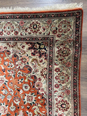 Persian Qum Silk Rug 5x7 - Floral Medallion, Birds, Orange-Red