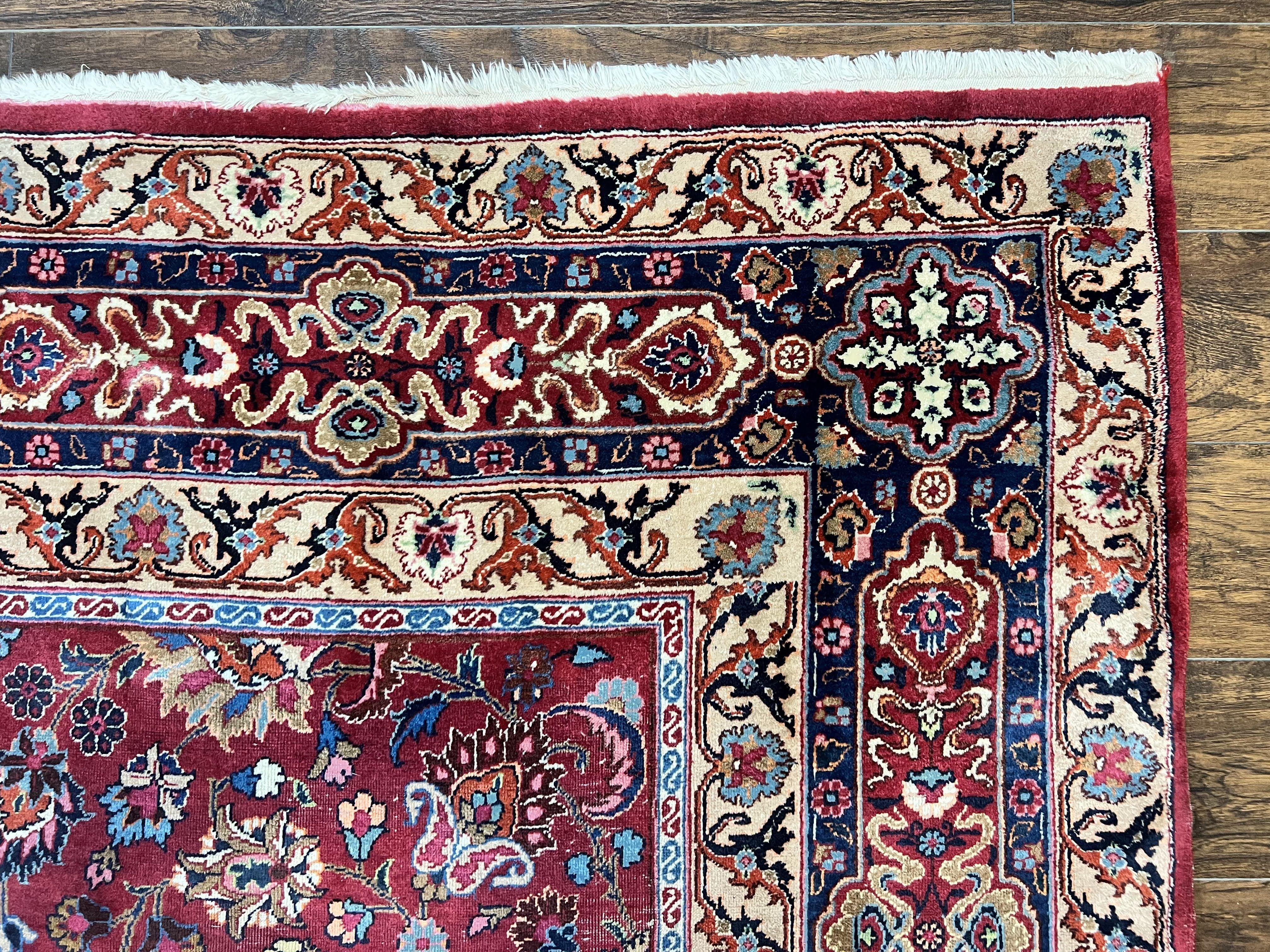 Signed Persian Mashad Rug 8x10, Wool Oriental Carpet, Semi Antique Rug, Hand Knotted, Traditional, Red, Floral Allover,