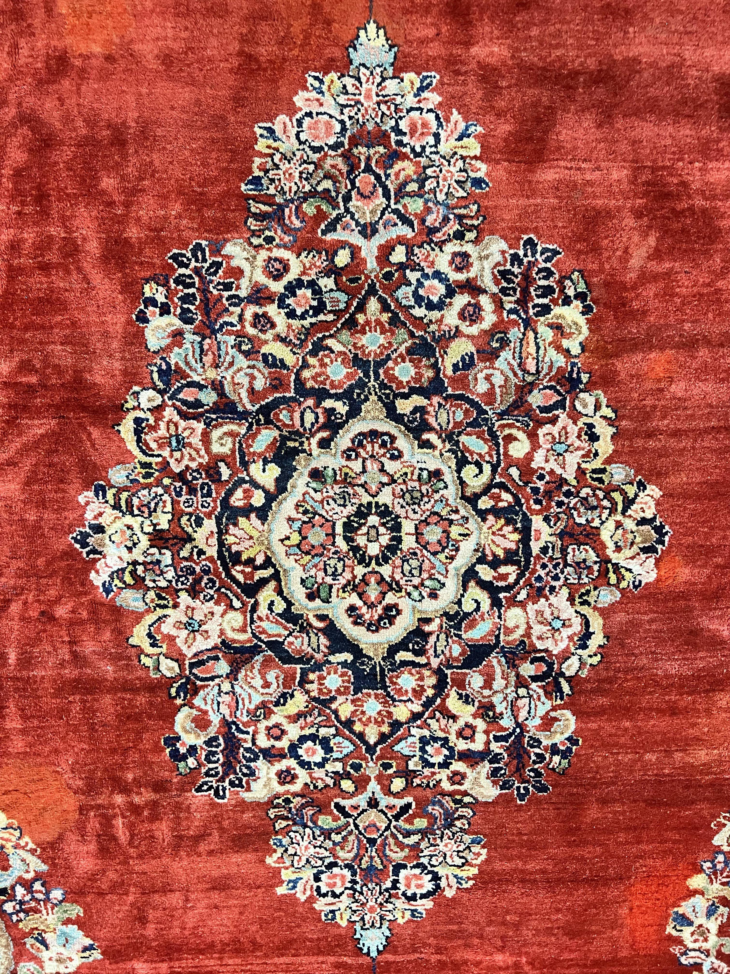 Persian Sarouk Rug 11x14, Semi Open Field, Large Antique Persian Wool Handmade Carpet, Red and Dark Blue, Floral
