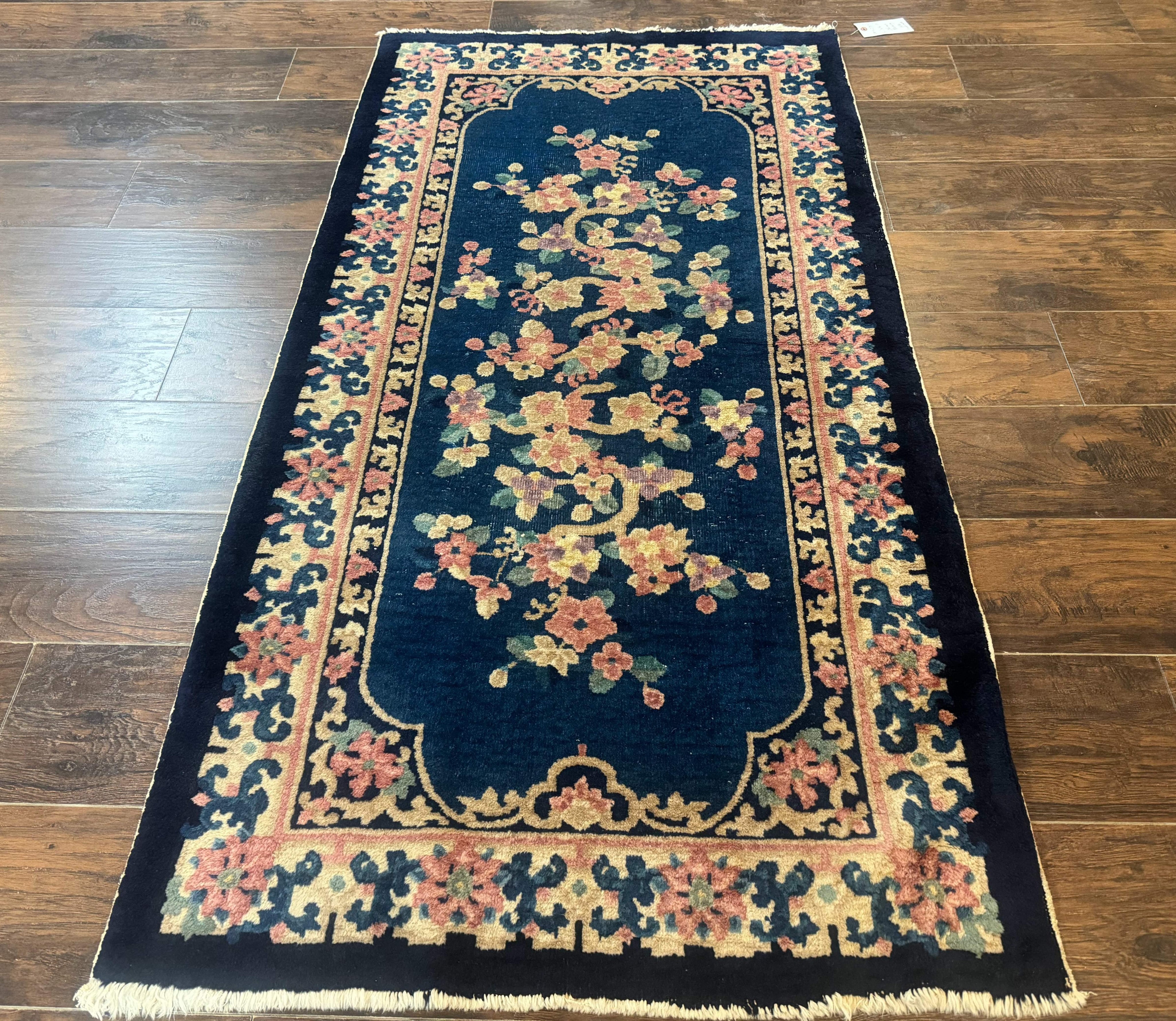 Blue and Beige Chinese Wool Rug 3x6, Chinese Fete Rug, Peking Rug, Antique Chinese Carpet