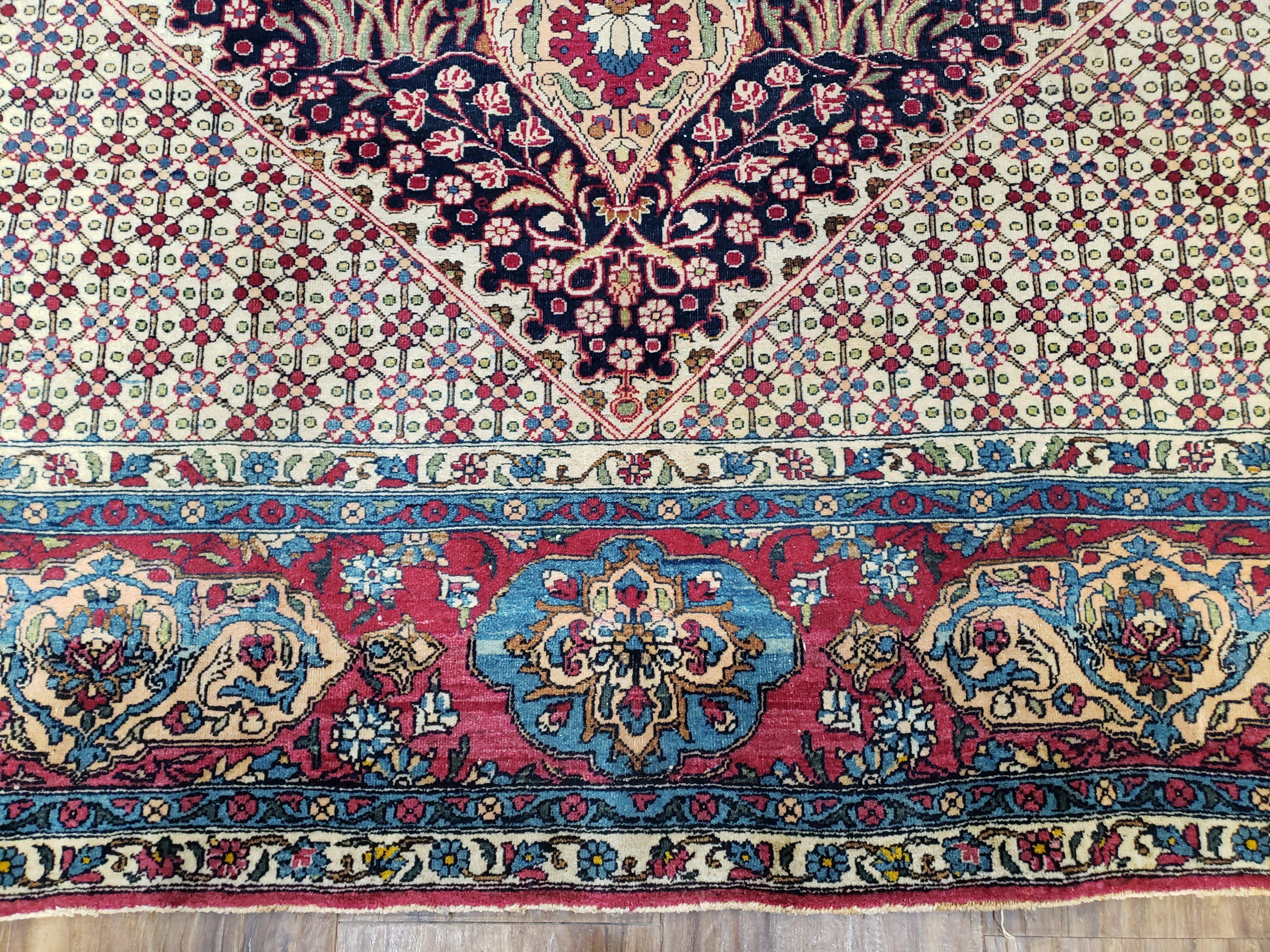 Antique Persian Tehran Rug 5x8, Midnight Blue and Red, Hand-Knotted, Wool