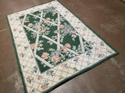 3' 6" X 5' 6" Hand Stitched Indian Wool Rug with Backing Green Beige