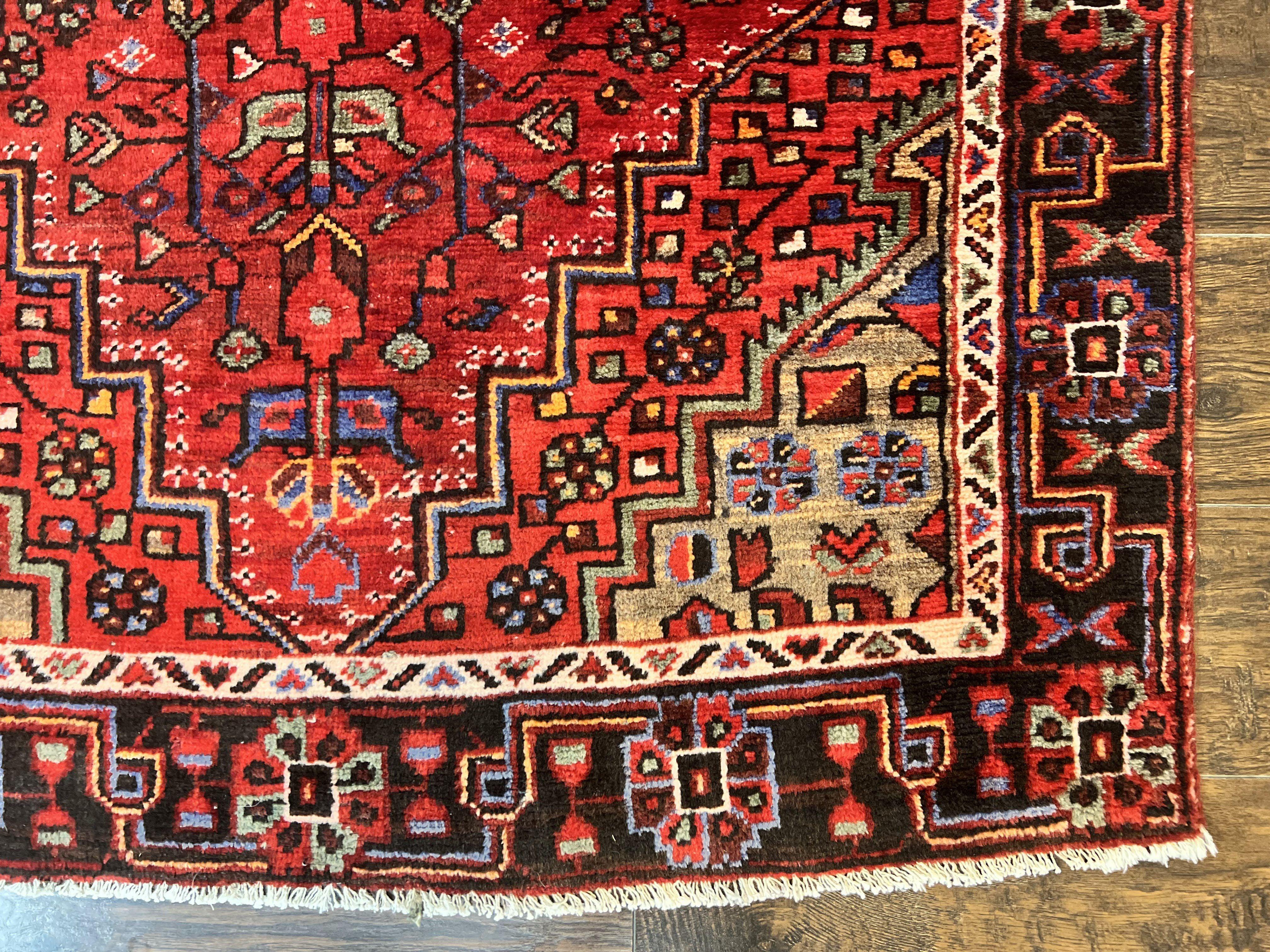 Antique Persian Tribal Rug 4x7, Red, Geometric Medallion, Handmade, Wool, Persian Zanjan Rug