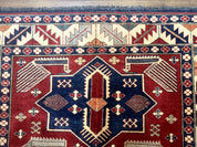 Turkish Kazak Rug 6x8, Caucasian Design, Geometric Medallions, Red Blue Beige