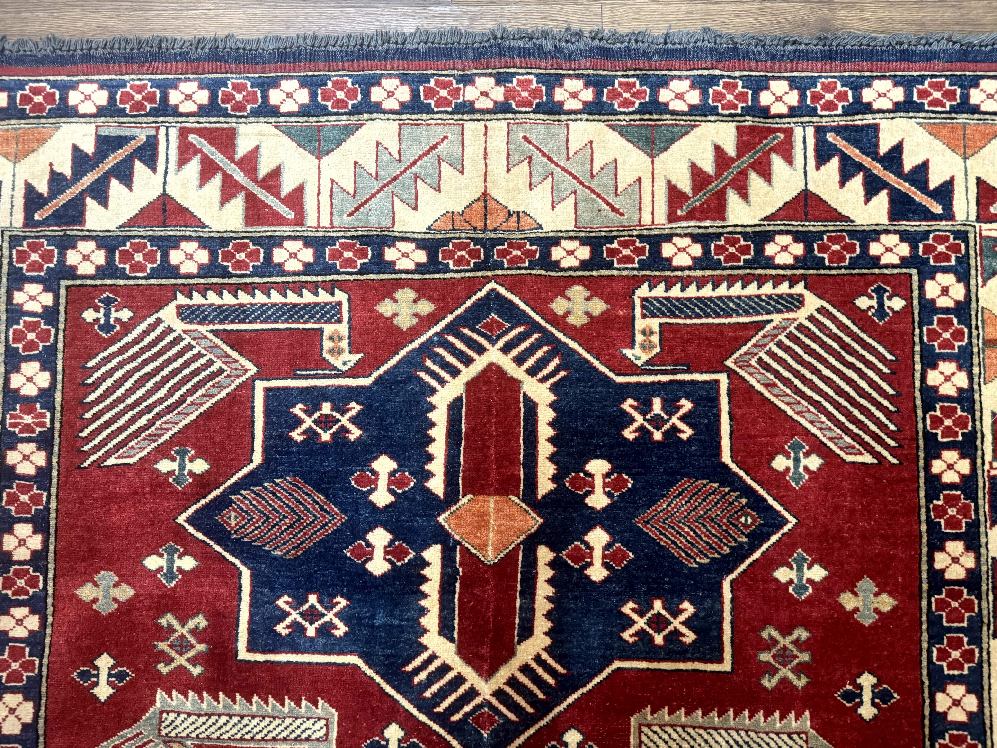 Turkish Kazak Rug 6x8, Caucasian Design, Geometric Medallions, Red Blue Beige