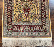 Wonderful Silk Turkish Hereke Prayer Rug 2.8 x 4.5, Tree of Life Design, Signature from Master Weaver, Gold and Burgundy, Handmade, 625 KPSI