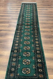 Pakistani Bokhara Runner Rug 2.5 x 11, Green Turkoman Wool Runner for Hallway
