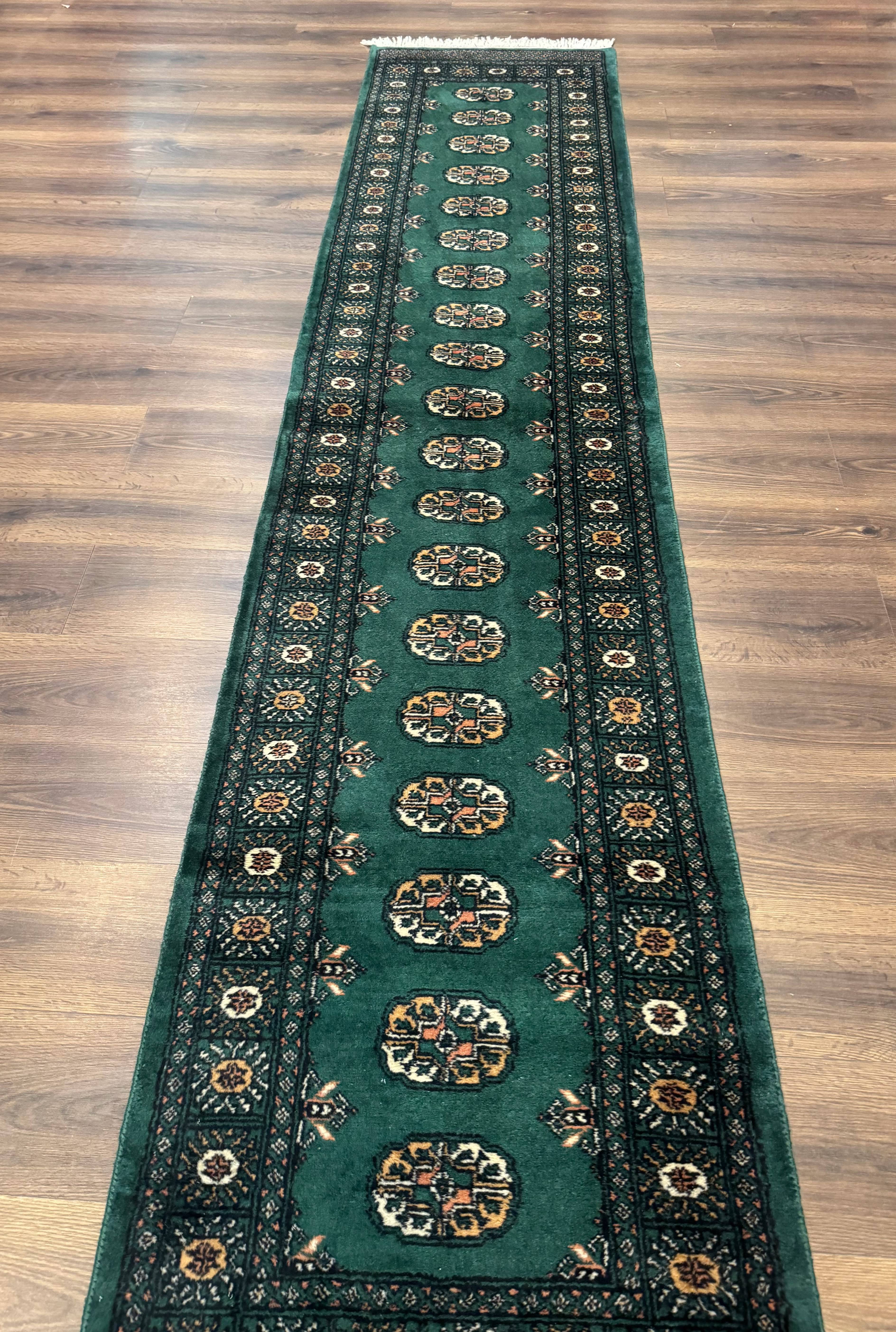 Pakistani Bokhara Runner Rug 2.5 x 11, Green Turkoman Wool Runner for Hallway