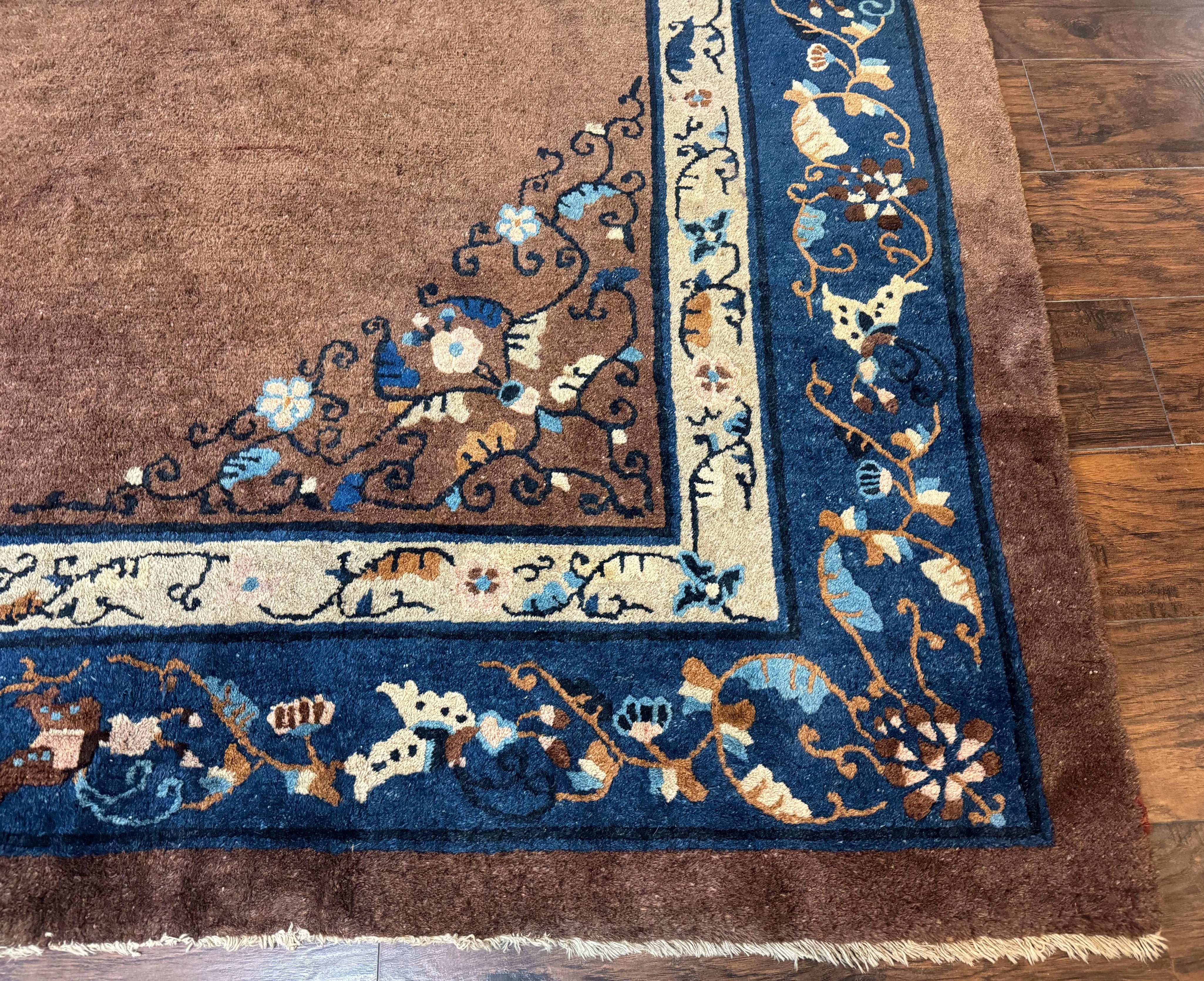 Antique Chinese Wool Rug 9x11, Large Chinese Art Deco Rug, Peking Rug, Brown and Blue, Open Field, Fete Rug