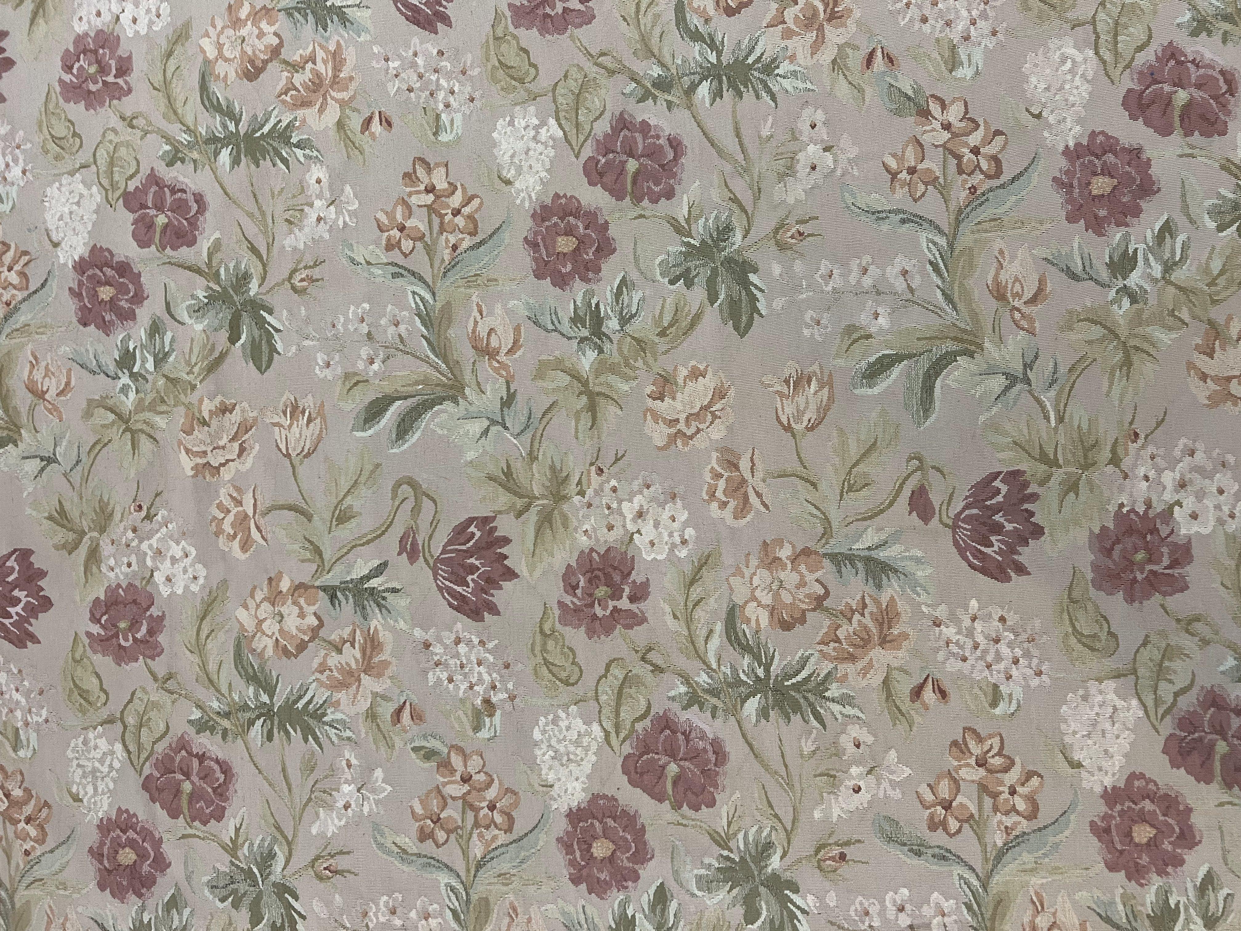 Aubusson Rug 9x12, Pink Beige Light Mauve, Handmade Allover Floral Roses, Wool Flatweave Carpet 9 x 12 ft, European French Design, Elegant