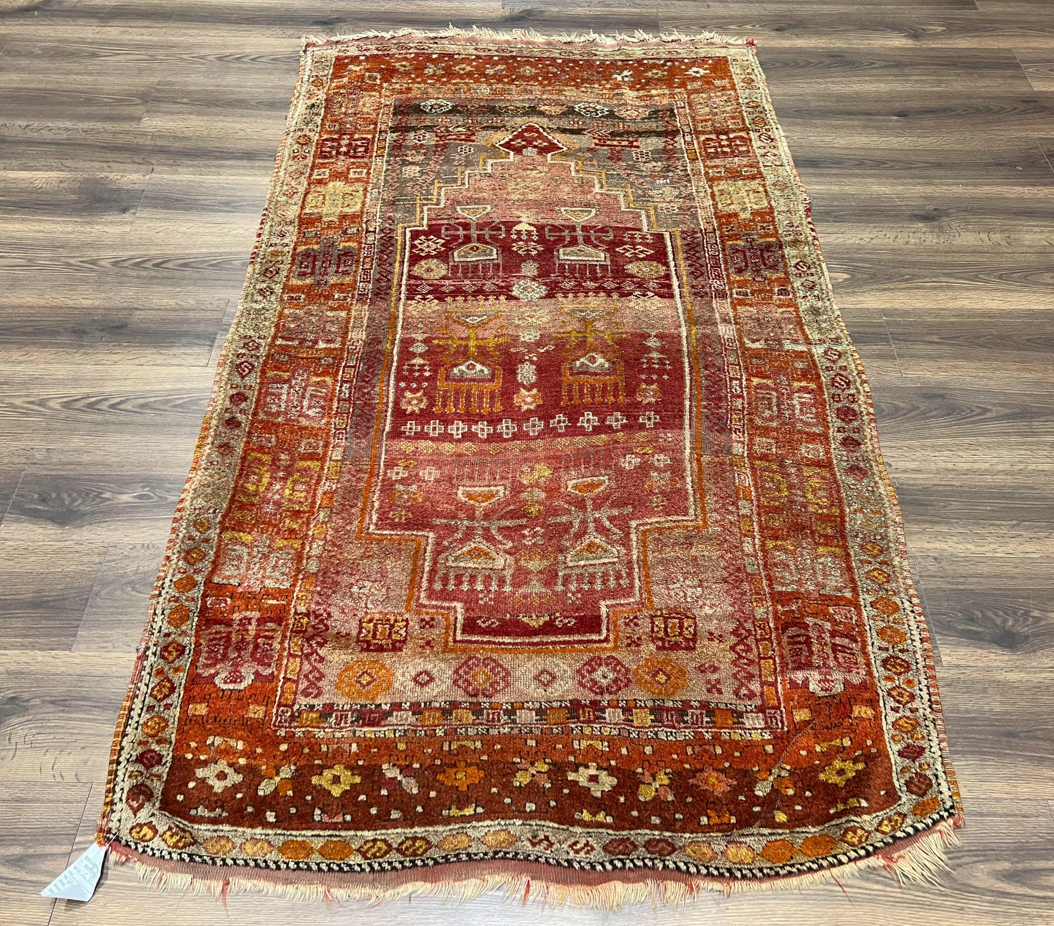 Antique Turkish Melas Rug 4x7, Tribal Geometric Unique Collectible Hand Knotted Wool Oriental Carpet, Rare 1920s Rug, Burnt Orange Red