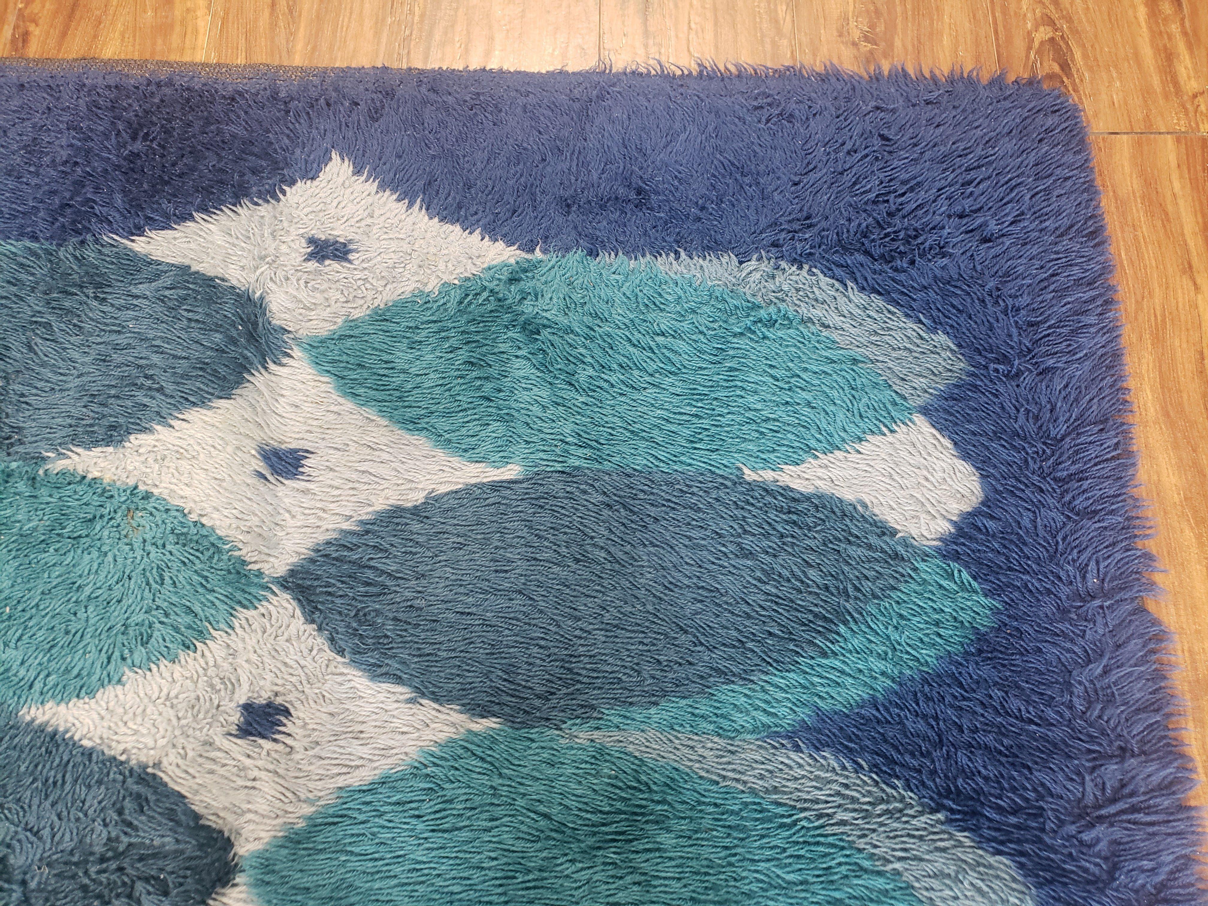 Blue Rya Rug, 1960s Mid-Century Modern Danish Shag Rug 4'6" x 6'7", Ege Rya, Abstract