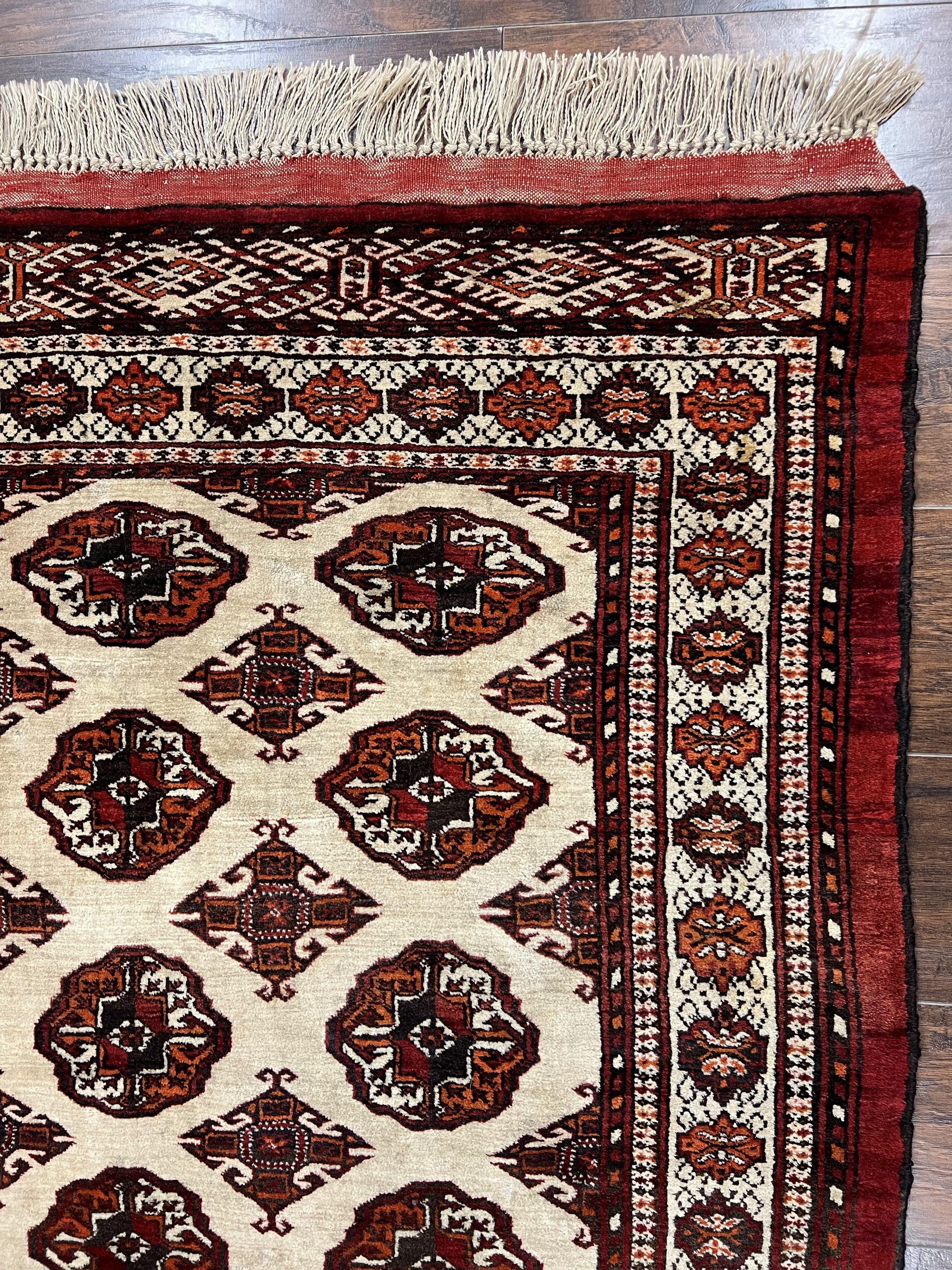 Persian Turkoman Rug 7x8, Almost Square Rare, Hand Knotted, Yamud, Bohemian Rug, Handmade Tribal Rug, Cream Red, Handmade Oriental Carpet