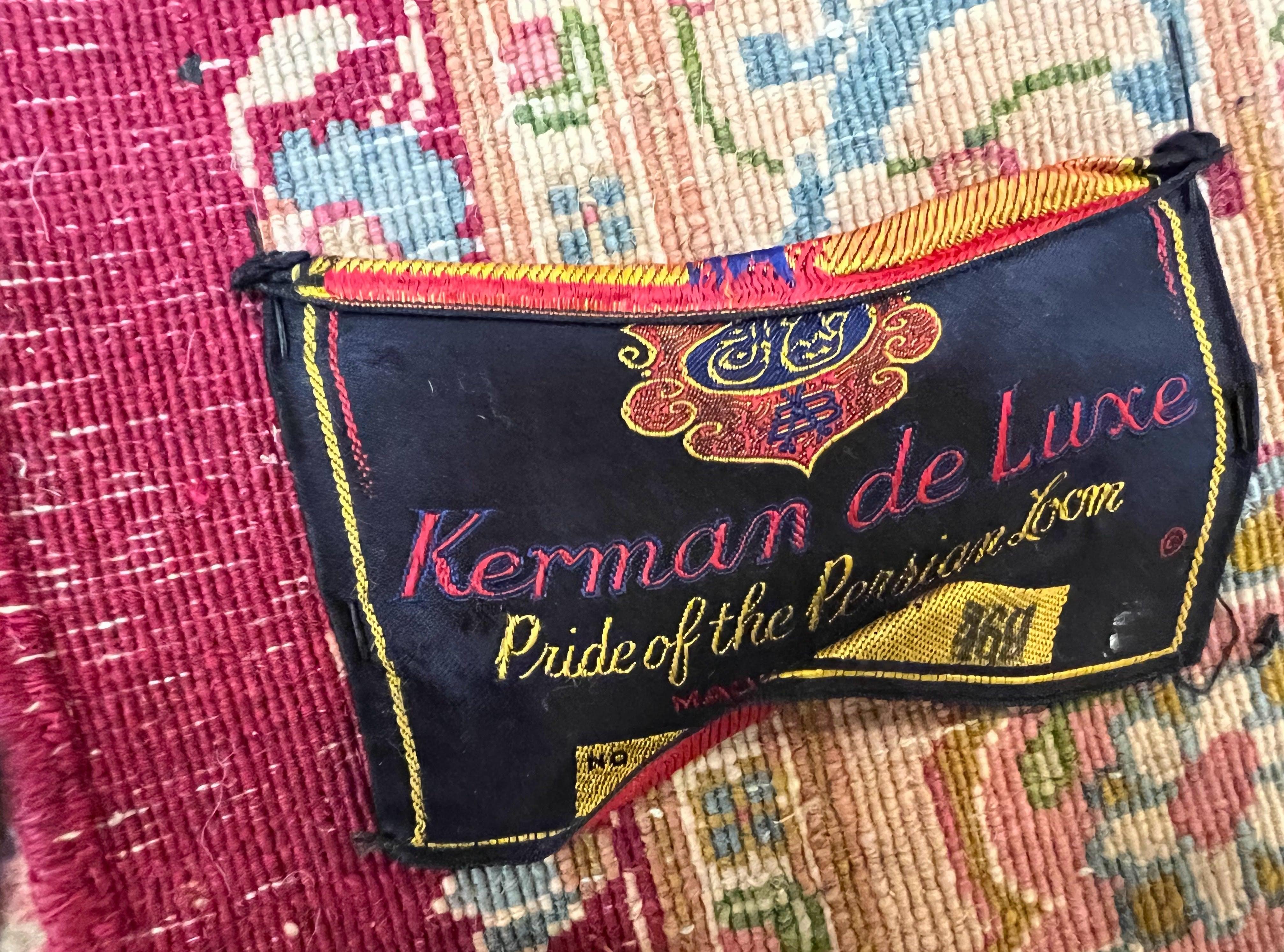 Persian Rug 9x12, Kirman DeLuxe, Millefleur Floral Medallion Carpet, Maroon Light Blue Beige, Semi Antique Authentic Hand Knotted Wool Rug