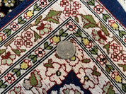 Silk Indian Kashmiri Rug 5x7, Navy Blue Indo Persian Silk Carpet 5 x 7 ft, Hand Knotted Handmade Very Fine Oriental Carpet, 450 KPSI, Birds
