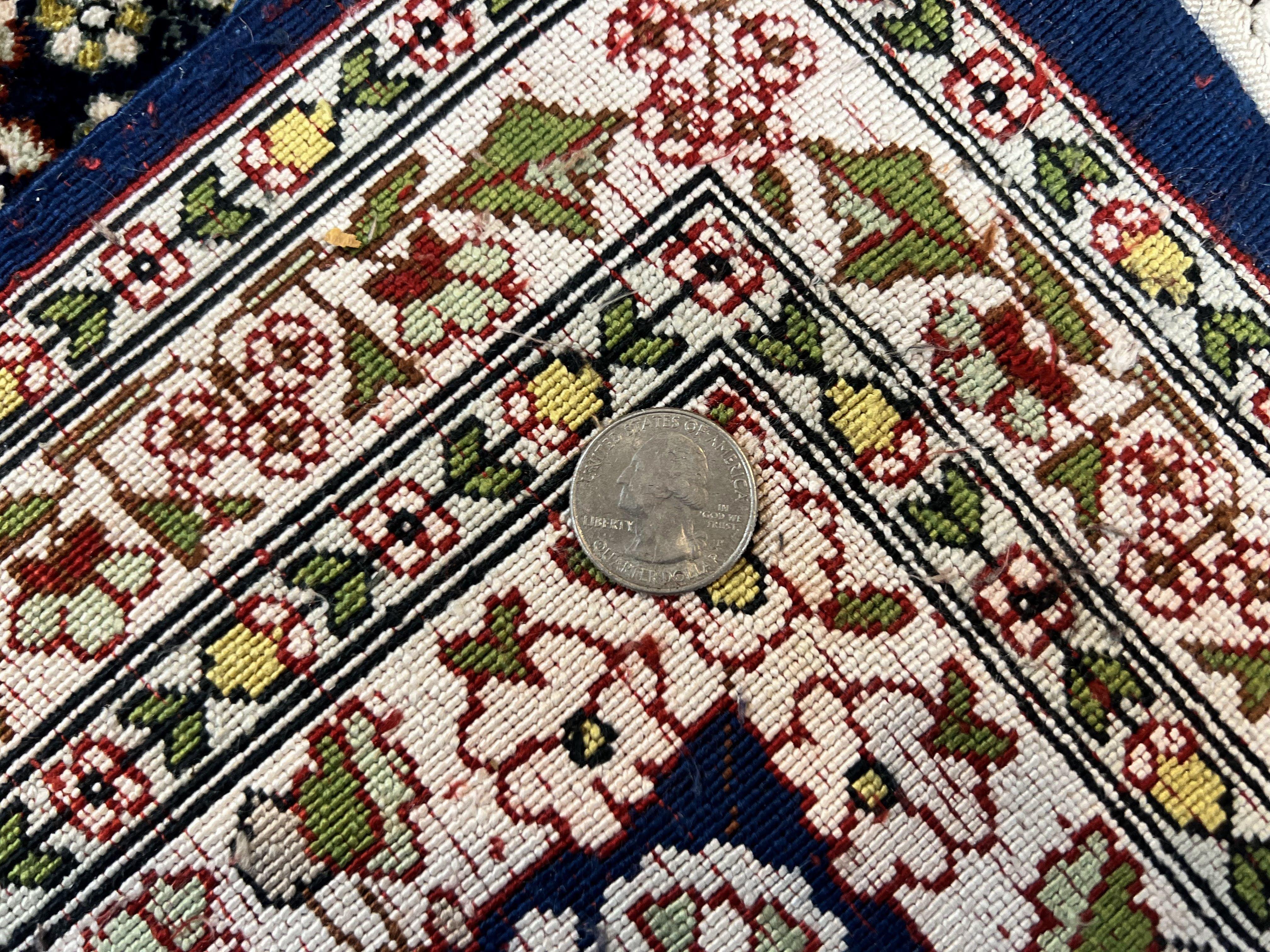Silk Indian Kashmiri Rug 5x7, Navy Blue Indo Persian Silk Carpet 5 x 7 ft, Hand Knotted Handmade Very Fine Oriental Carpet, 450 KPSI, Birds