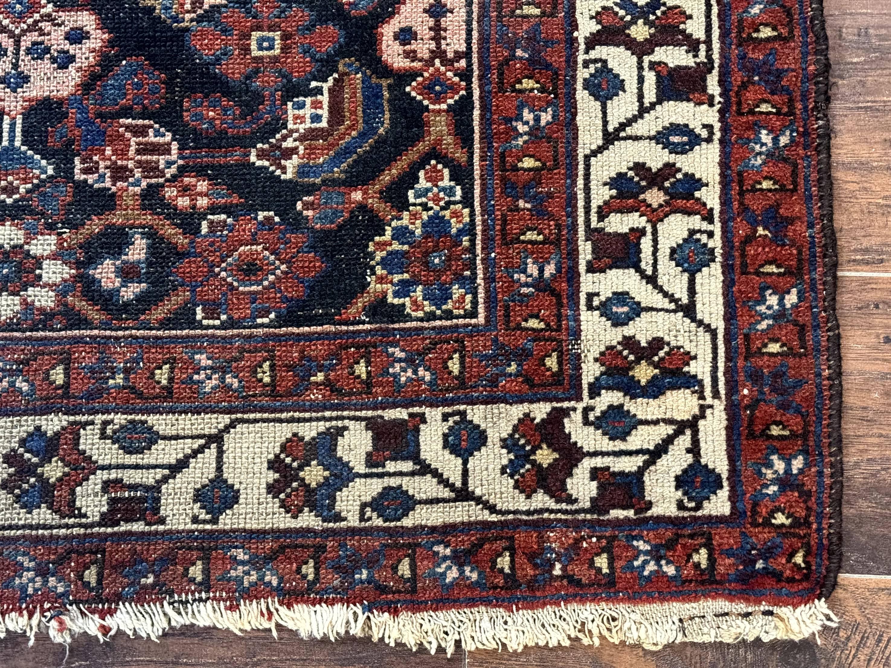 Navy Blue Antique Persian Rug 3x6, Blue and Ivory Persian Carpet, Handmade 1920s Hamadan Rug