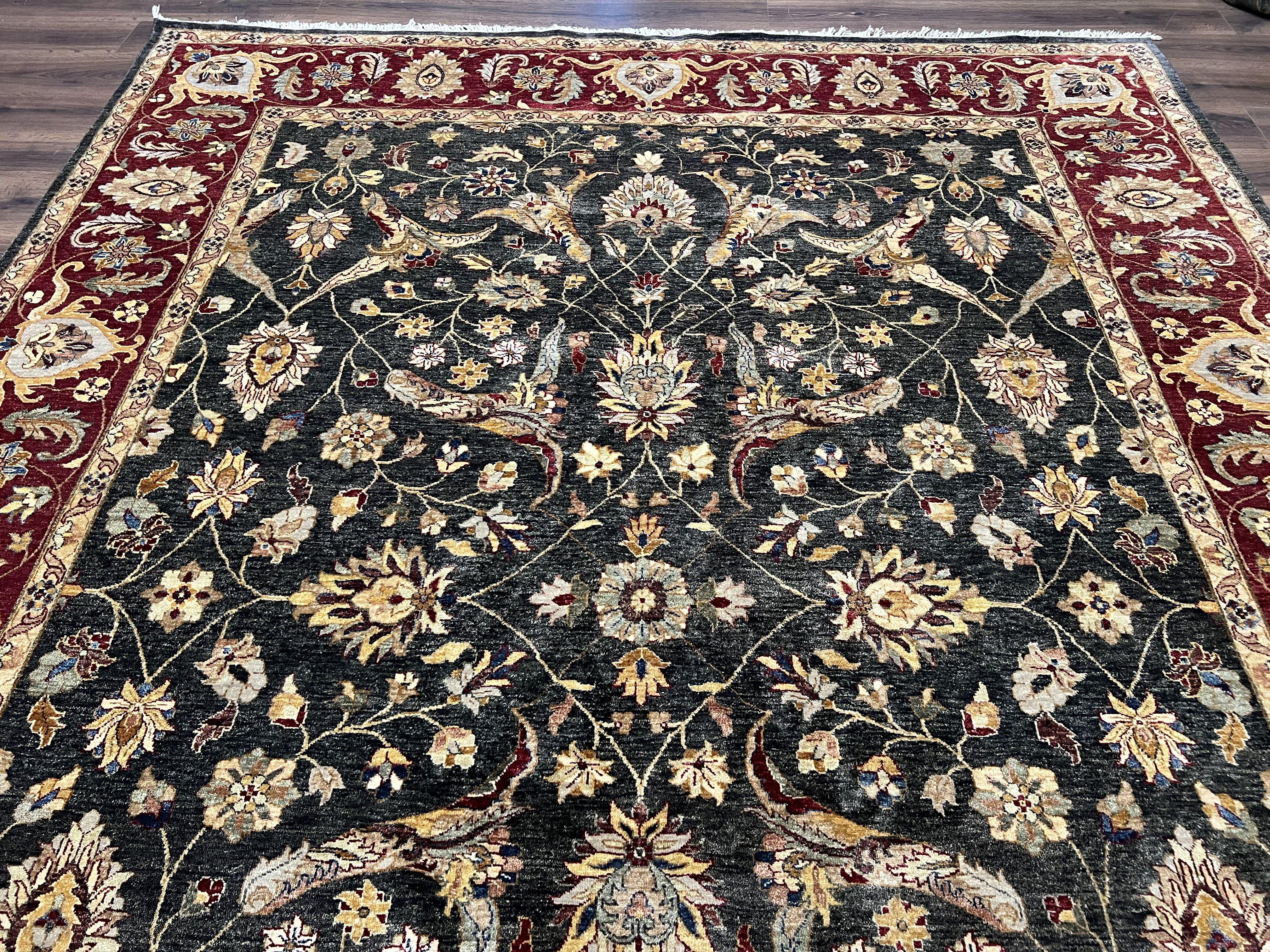 Pak Persian Mahal Rug 9x12, Allover Floral Pakistani Oriental Carpet 9 x 12, Wool Hand Knotted Area Rug, Dark Slate Gray-Black and Maroon