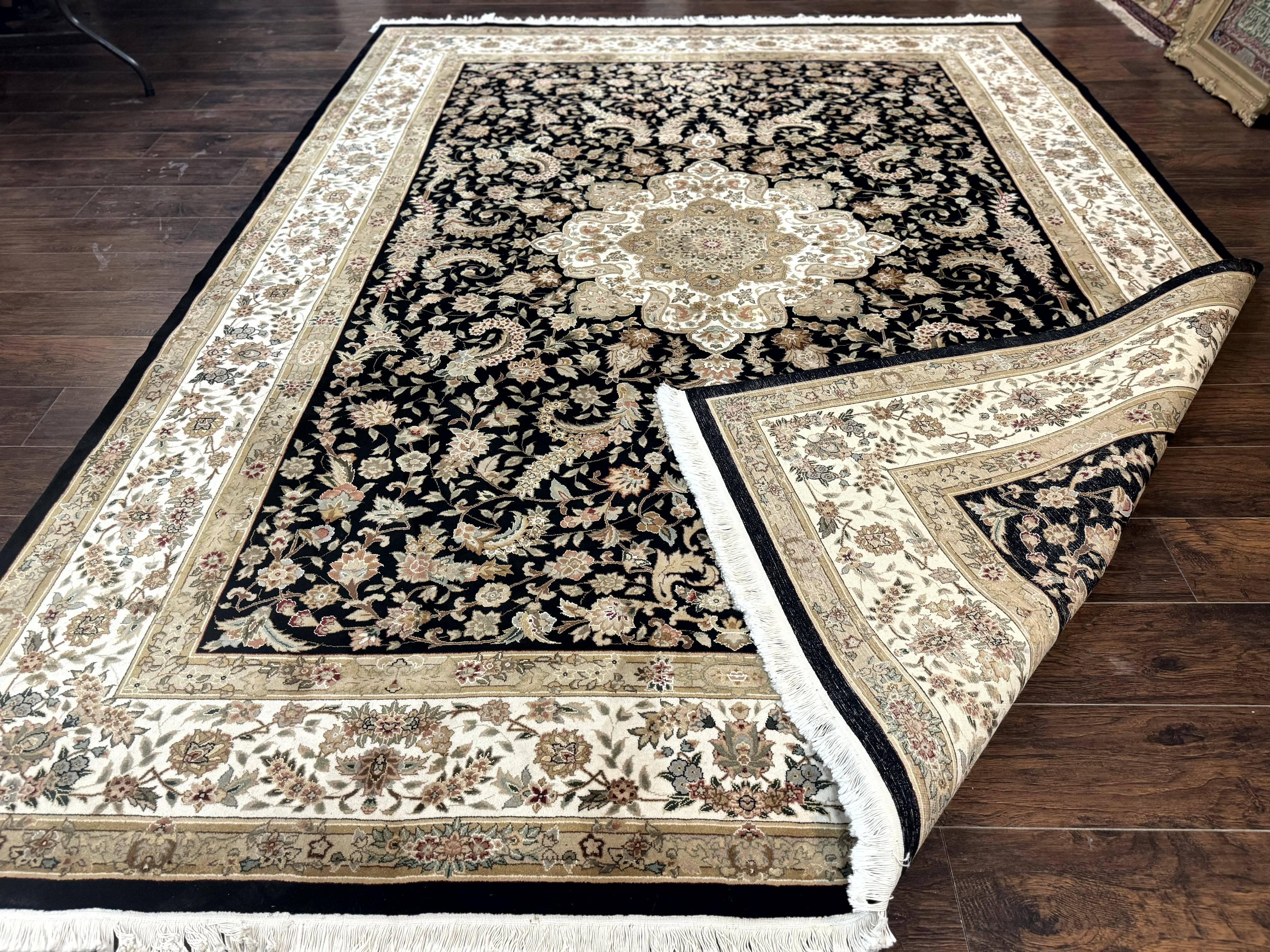 Sino Persian Rug 9x12, Floral Medallion, Black and Ivory, Elegant