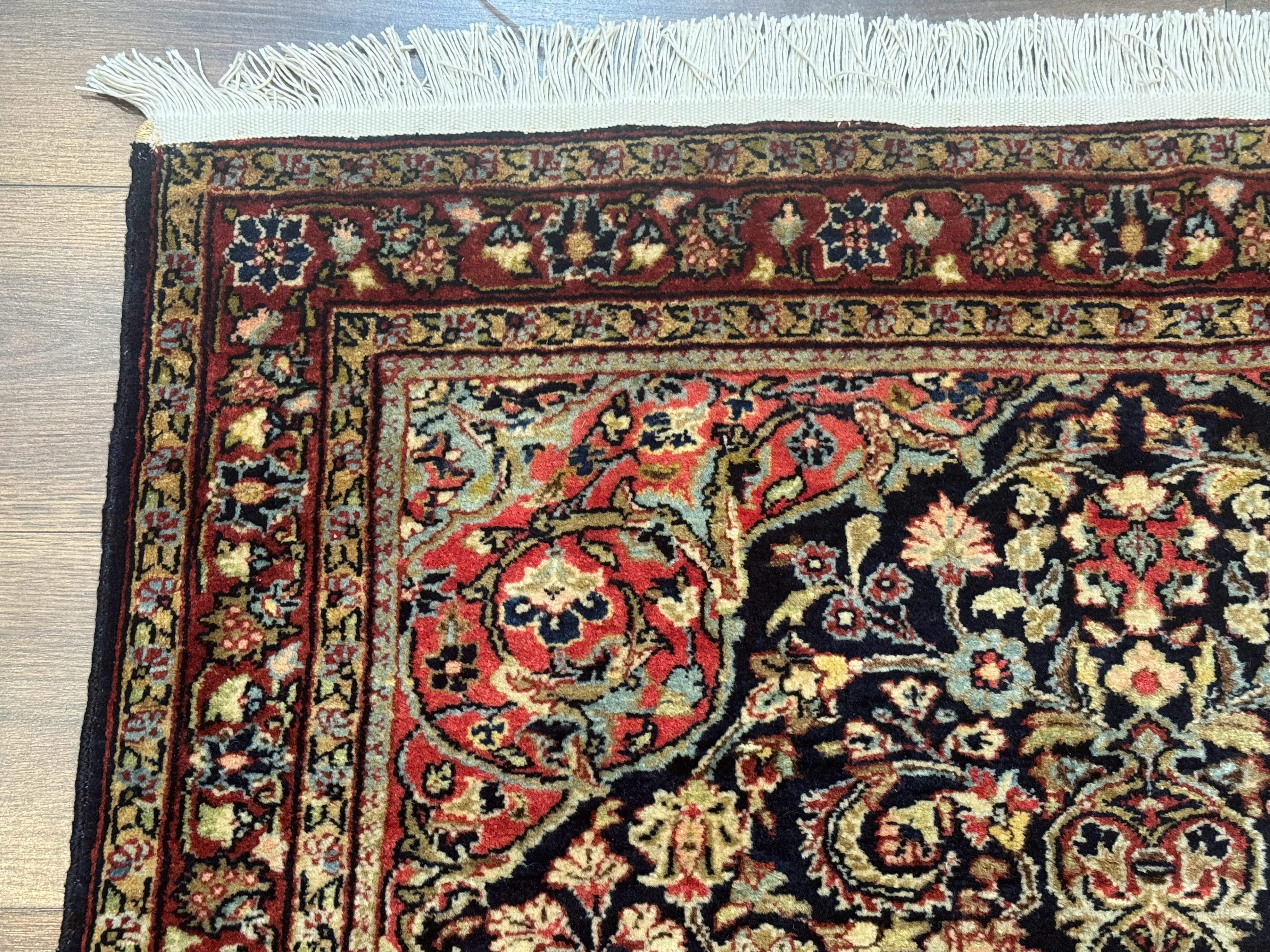 Antique Persian Sarouk Rug 4x5, Dark Blue and Red, Floral Medallion, Fine