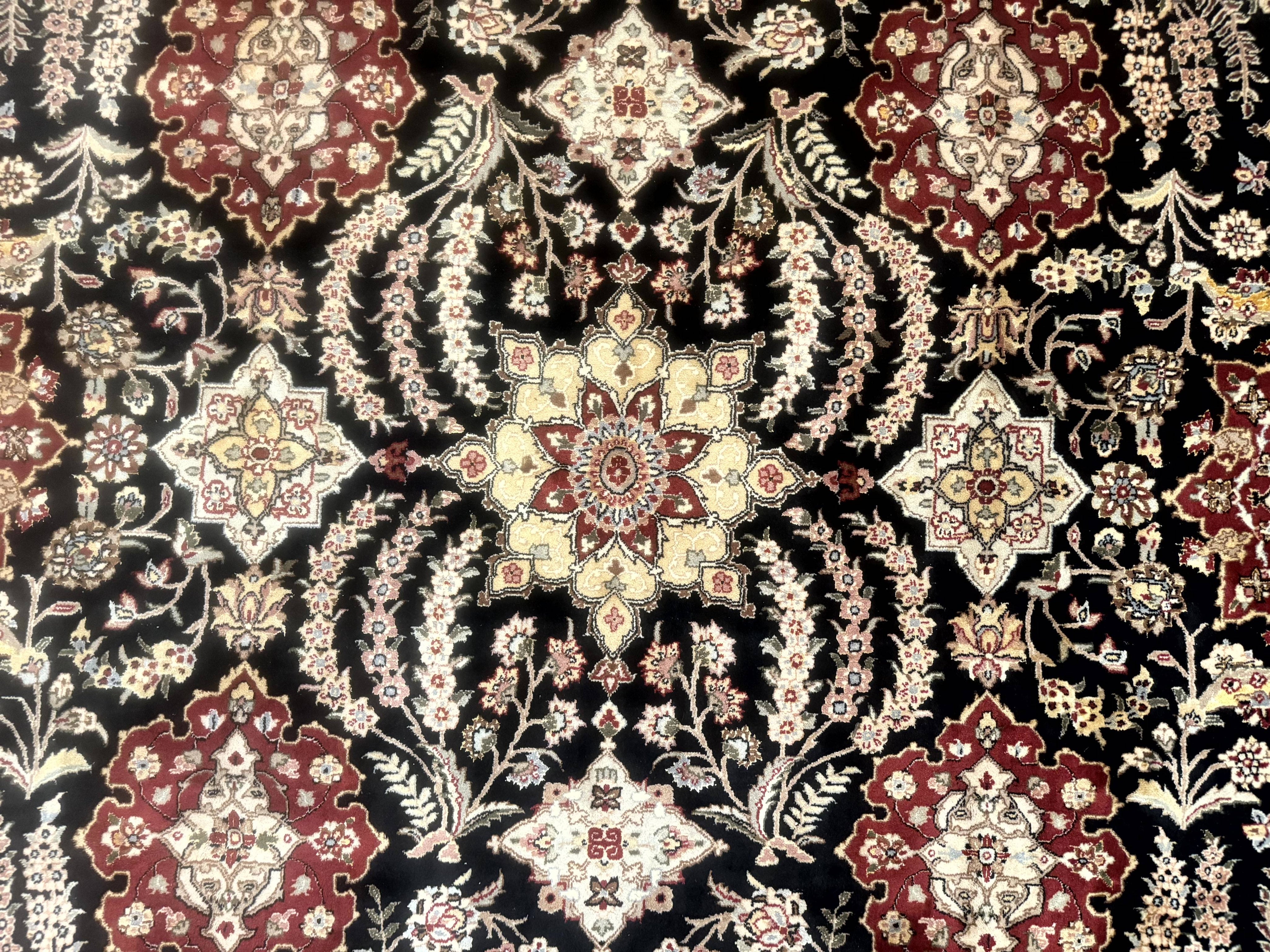 Sino Persian Rug 9x12, Black & Maroon, Wool and Silk, Allover Pattern
