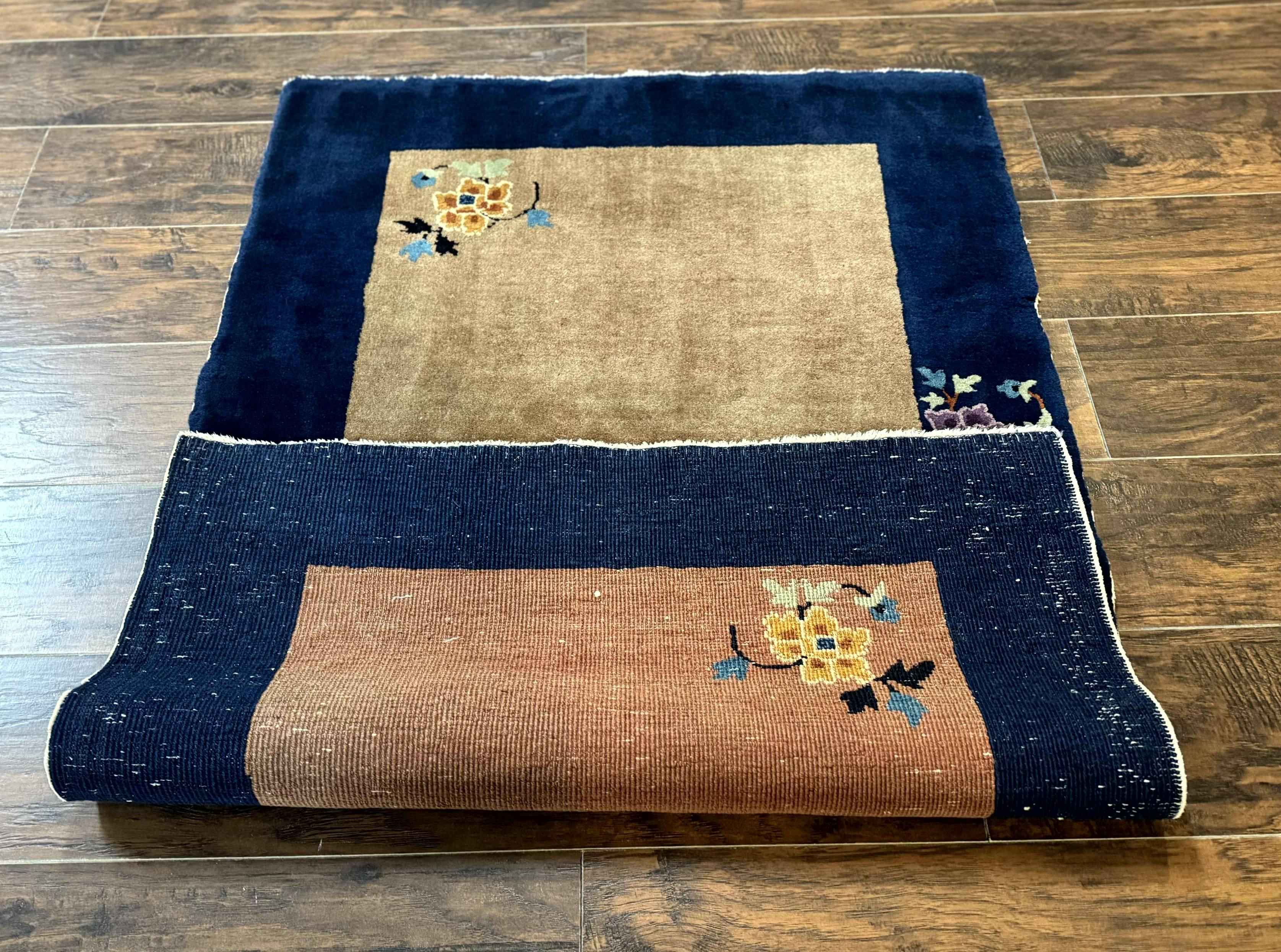 Chinese Rug 3x5, Antique Peking Art Deco Carpet, Simple Design