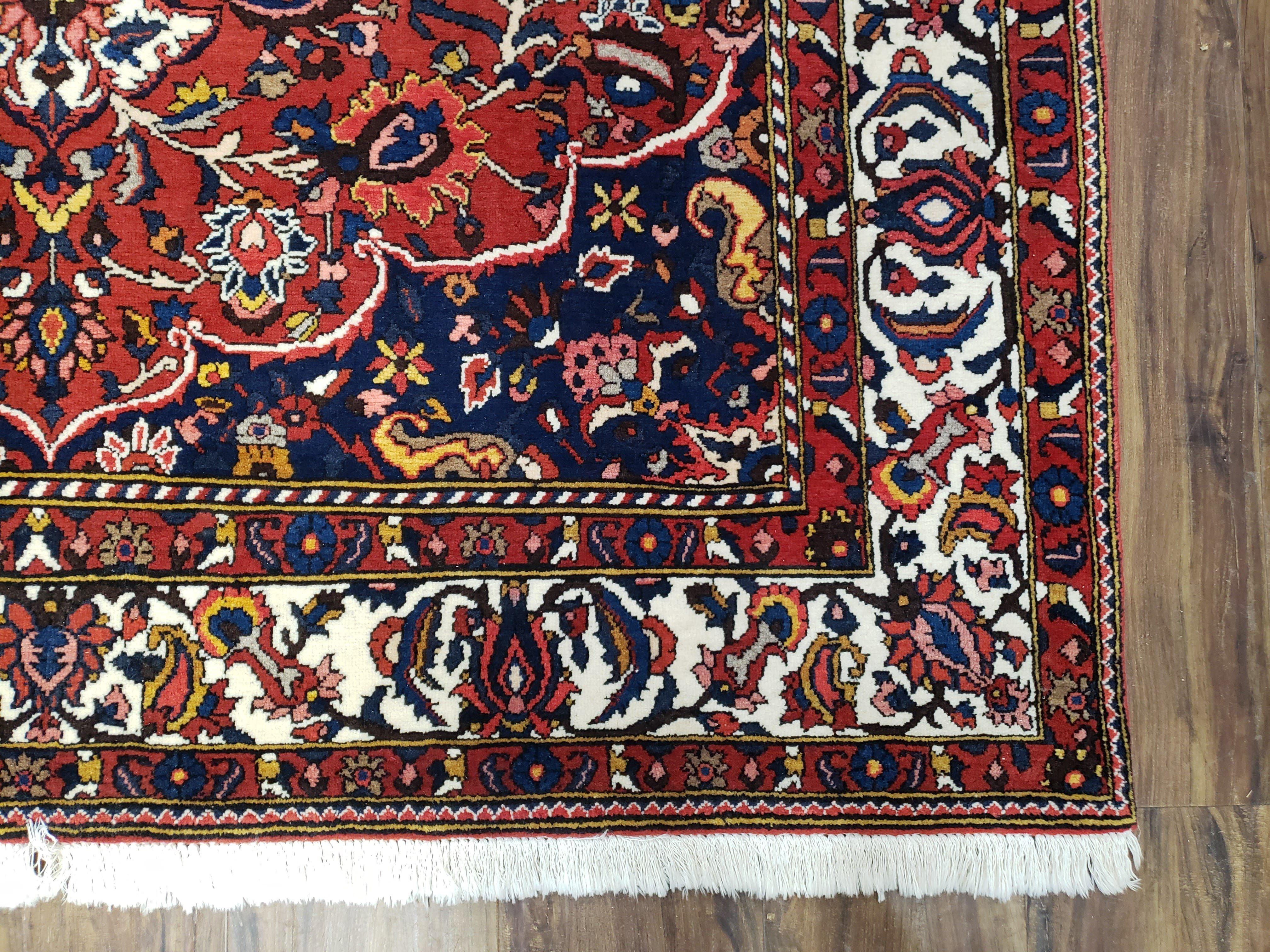Semi Antique Persian Bakhtiari Rug, Hand-Knotted, Wool, Red, Midnight Blue, Ivory, Floral Medallion, 5'1" x 8' 6"