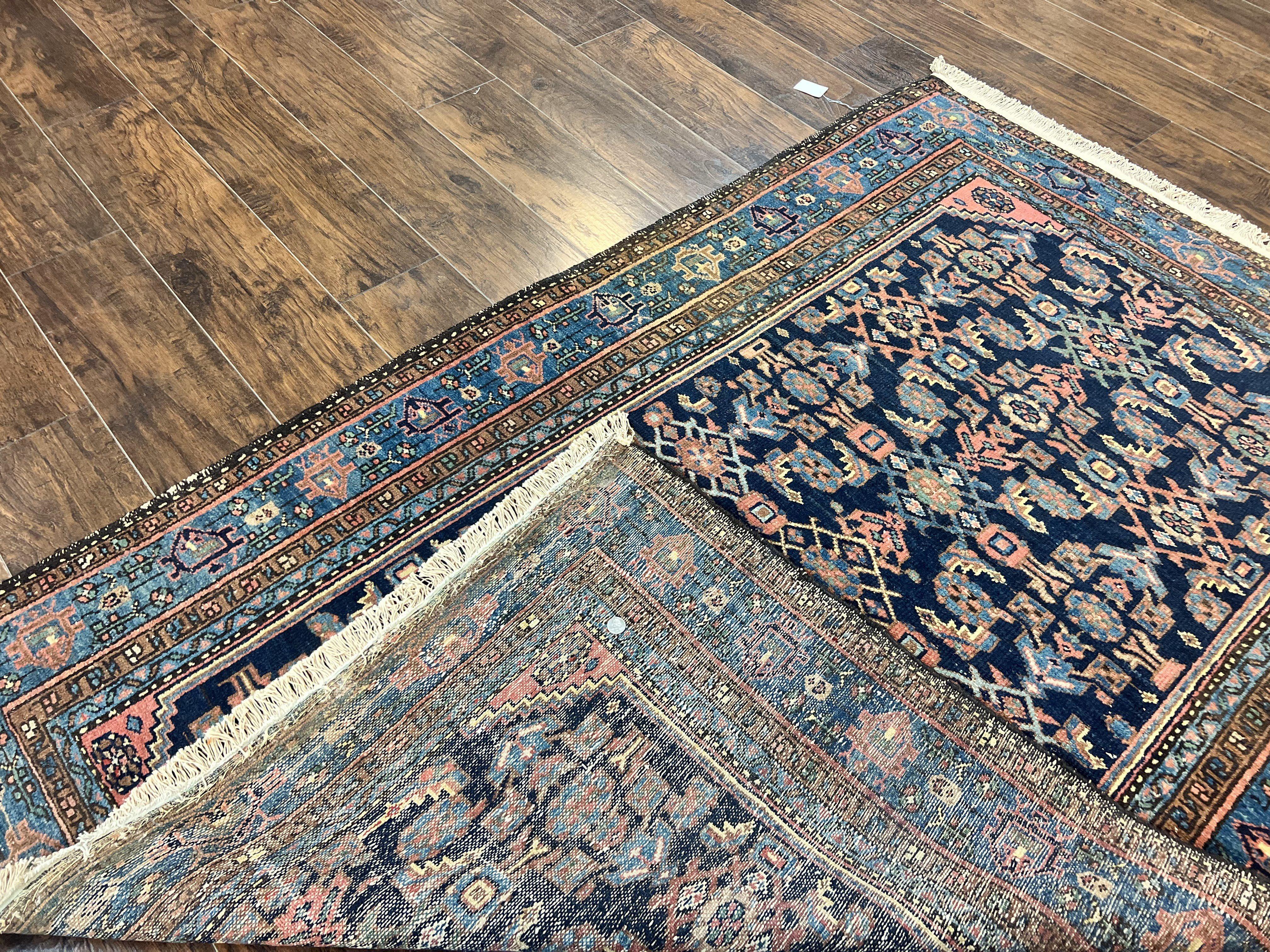 Antique Persian Tribal Rug 5x7, Navy Blue & Pink, Hand Knotted Handmade 1920s Wool Rug, Allover Pattern, Persian Hamadan Rug