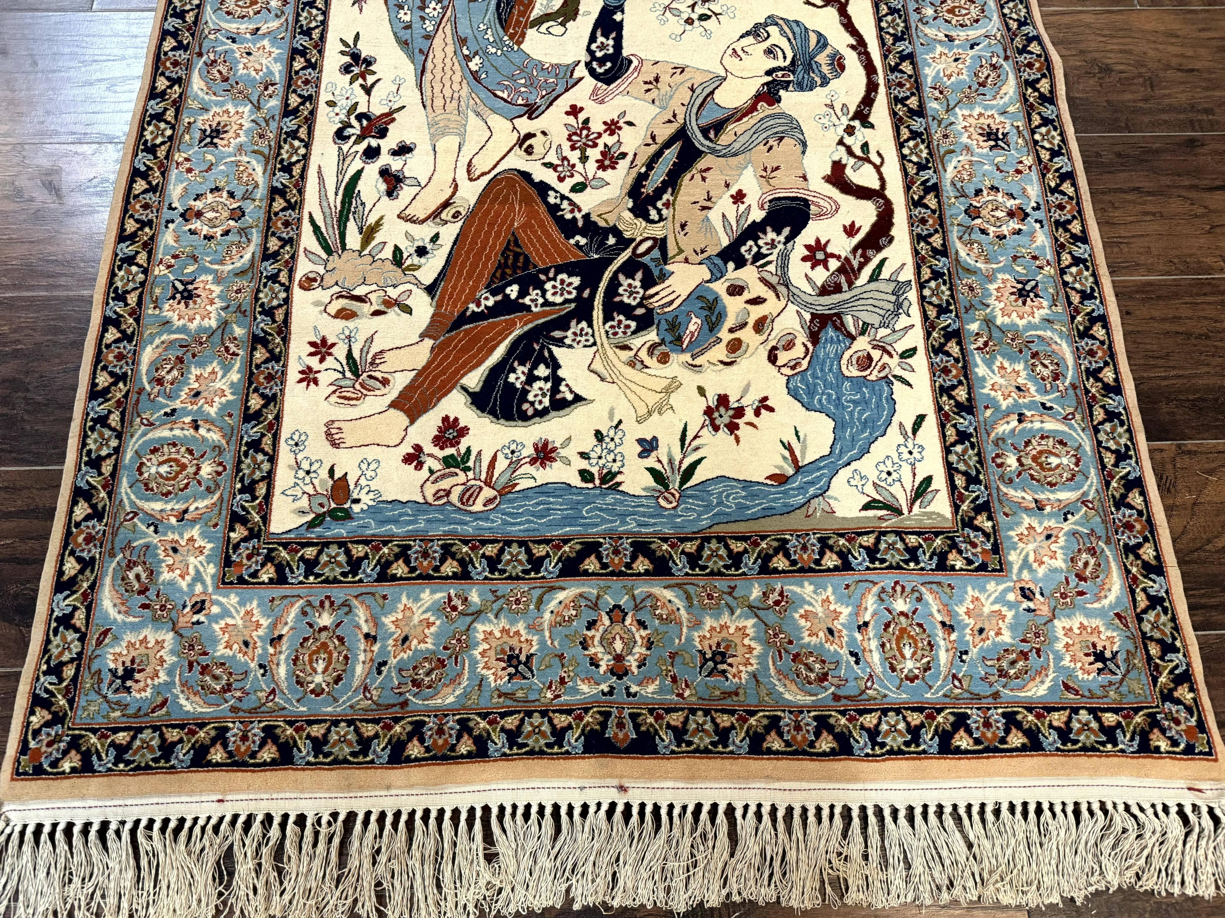 Persian Isfahan Pictorial Rug, Two Lovers, Kork Wool on Silk Foundation, Ivory and Light Blue, 500 KPSI Super Fine