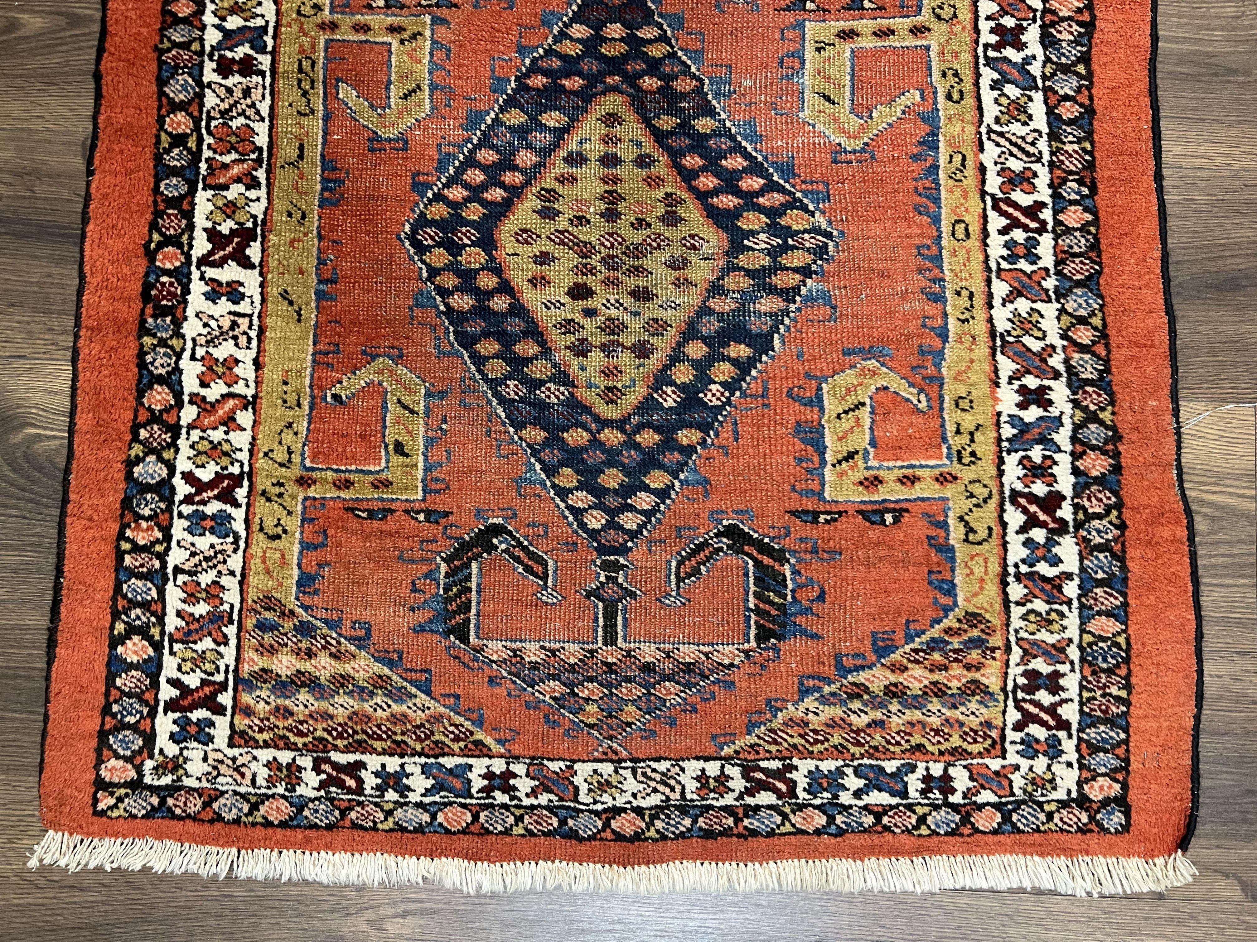 Rare Persian Tribal Runner Rug 3 x 11, Sarab Serab Persian Runner, Antique 1920s Collectible Geometric Medallions Oriental Wool Runner, Hand Knotted, Bright Orange-Red