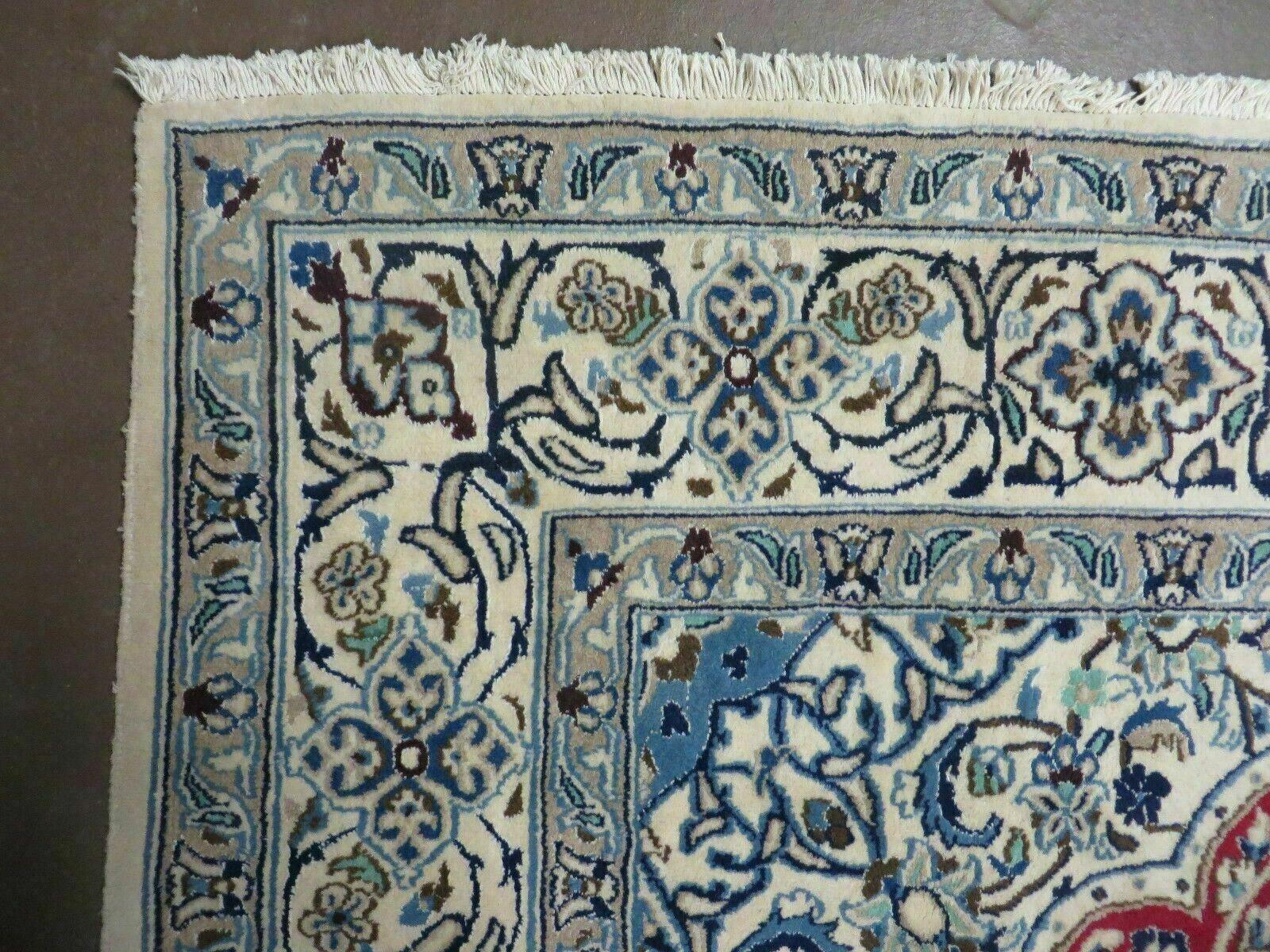 Square Persian Nain Rug 6'3" x 6' 8", Hand-Knotted, Wool with Silk Accents, Ivory Red Blue