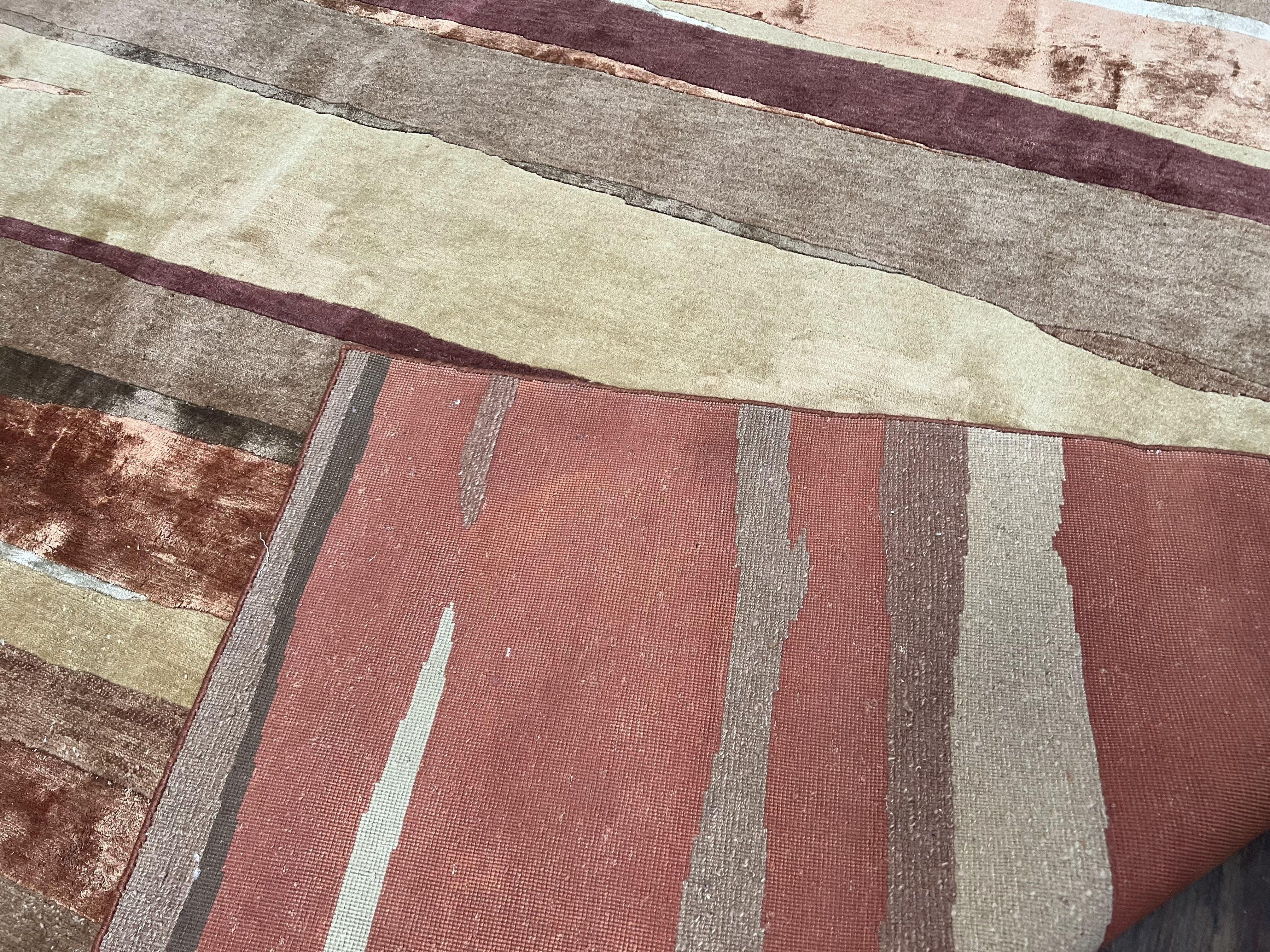 Modern Tibetan Rug 8x11 Nepali Carpet, Shiny Velvely Soft Wool and Silk, Contemporary Hand Knotted Rug, Striped Design, Wool Area Rug 8 x 11