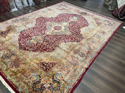 Persian Rug 9x12, Kirman DeLuxe, Millefleur Floral Medallion Carpet, Maroon Light Blue Beige, Semi Antique Authentic Hand Knotted Wool Rug