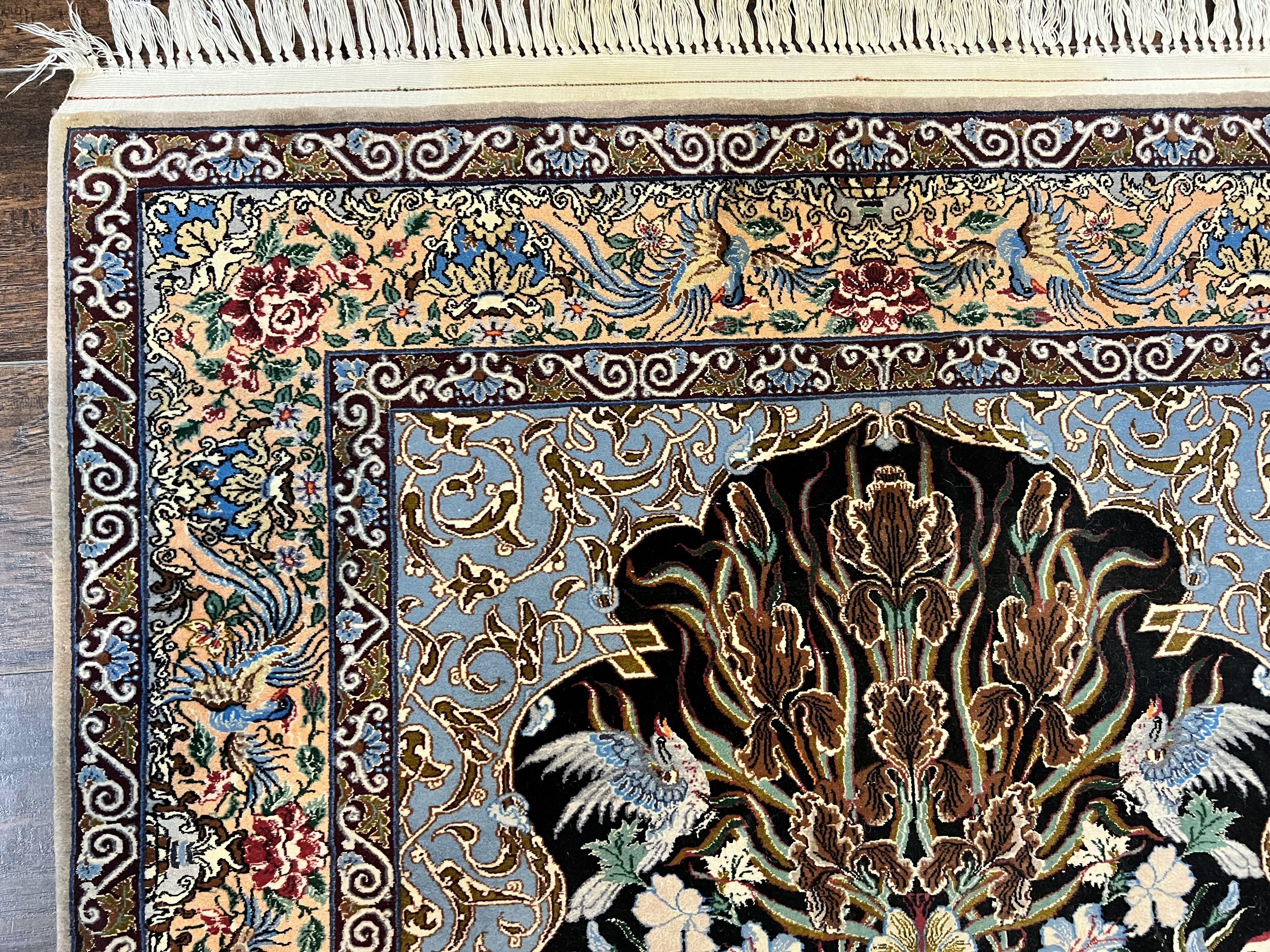 Wonderful Persian Isfahan Rug 3.7 x 5, Kork Wool on Silk Foundation, Very Fine 460 KPSI, Tree of Life Persian Vase Design Animal Pictorials Peacocks