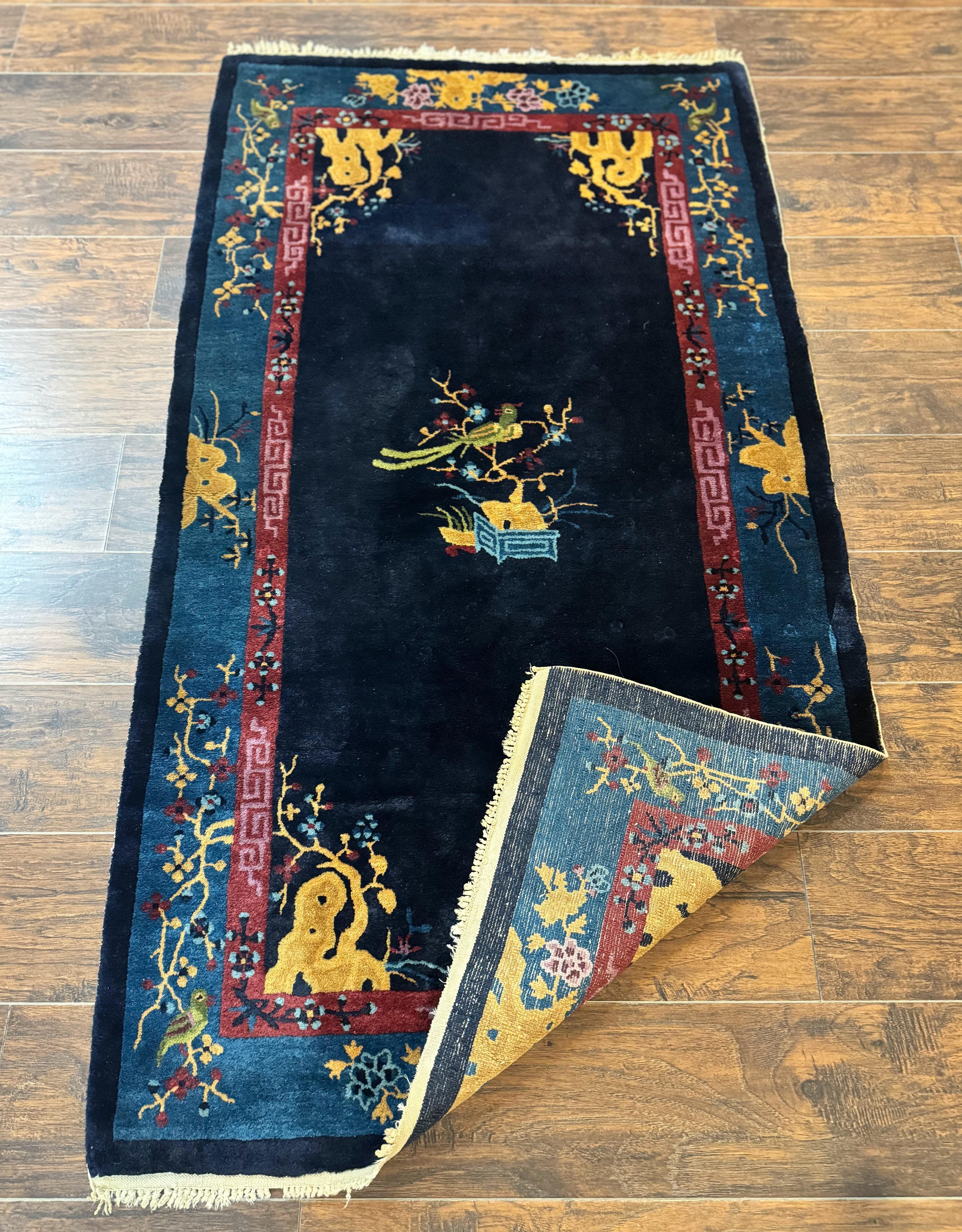 Antique Chinese Peking Rug 3x6, Dark Blue, Bird Motif, Handmade Wool Art Deco Asian Oriental Carpet, Pair B