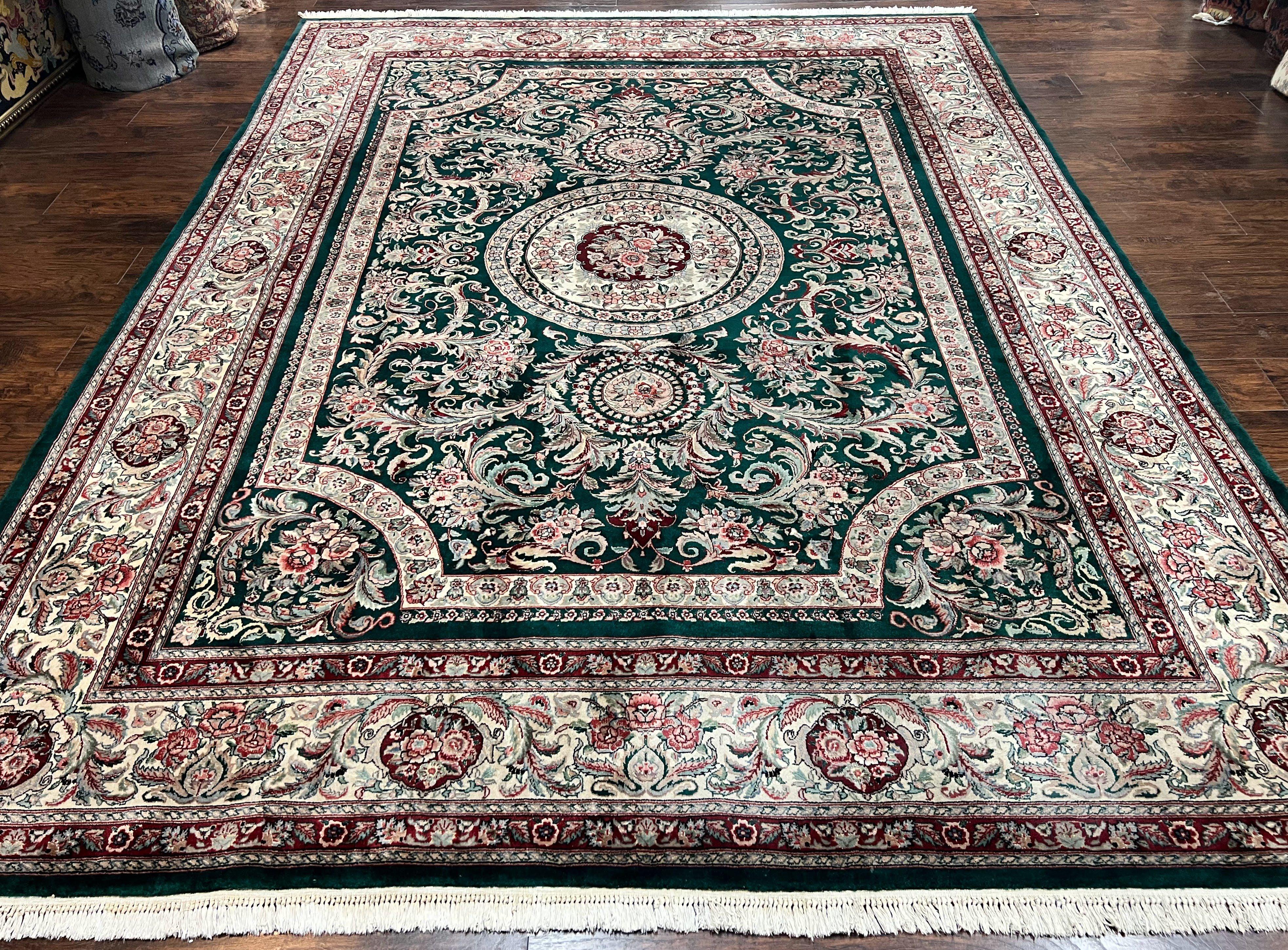 Pak Persian Rug 9x12, Dark Green and Cream, Floral Medallion, Elegant Handmade Wool Carpet 9 x 12