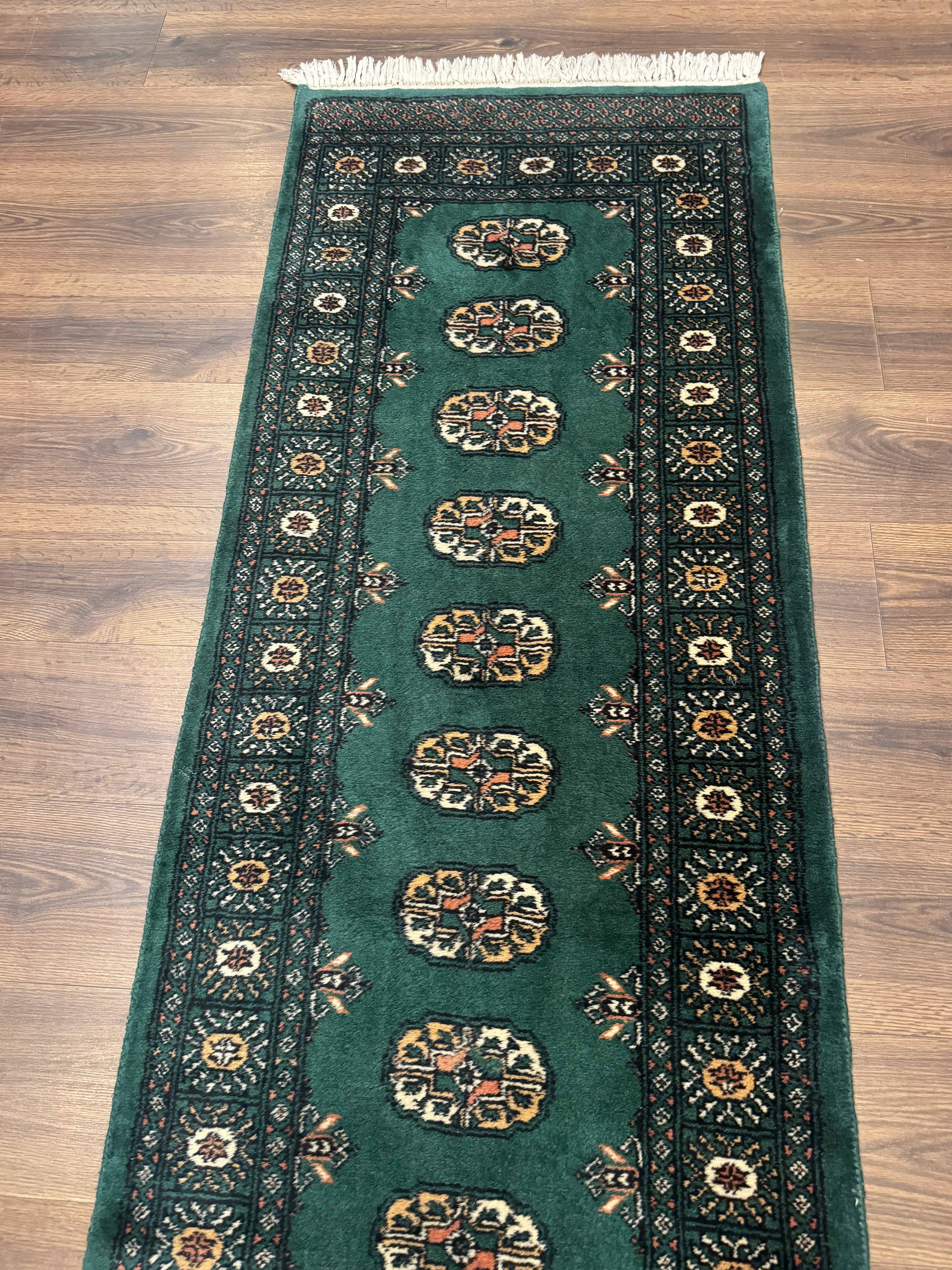 Pakistani Bokhara Runner Rug 2.5 x 11, Green Turkoman Wool Runner for Hallway