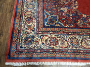 Semi Antique Persian Sarouk Rug 9x12,  Semi Open Field with Central Medallion, Hand Knotted Wool, Tomato Red, 9 x 12 Authentic Oriental Carpet