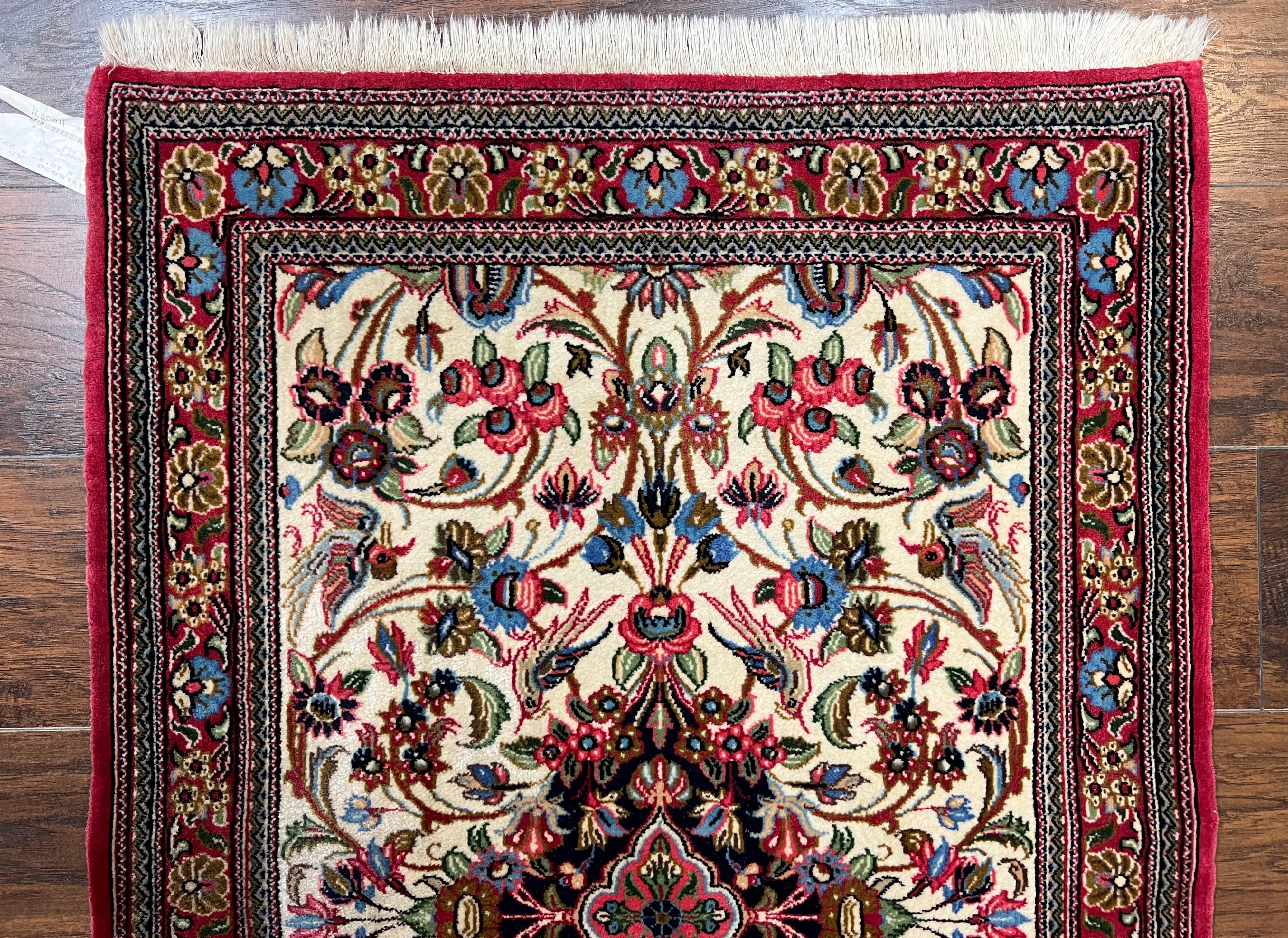 Wonderful Persian Qum Runner Rug 2.8 x 10 ft, Floral Medallions with Bird Motifs, Hand Knotted Wool Fine Oriental 10ft Hallway Runner, Cream Red