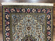 Persian Qum Rug 3x5, Wool with Silk Highlights, Handmade Semi Antique Carpet, Ivory & Navy Blue, Floral Medallion, Finely Hand Knotted