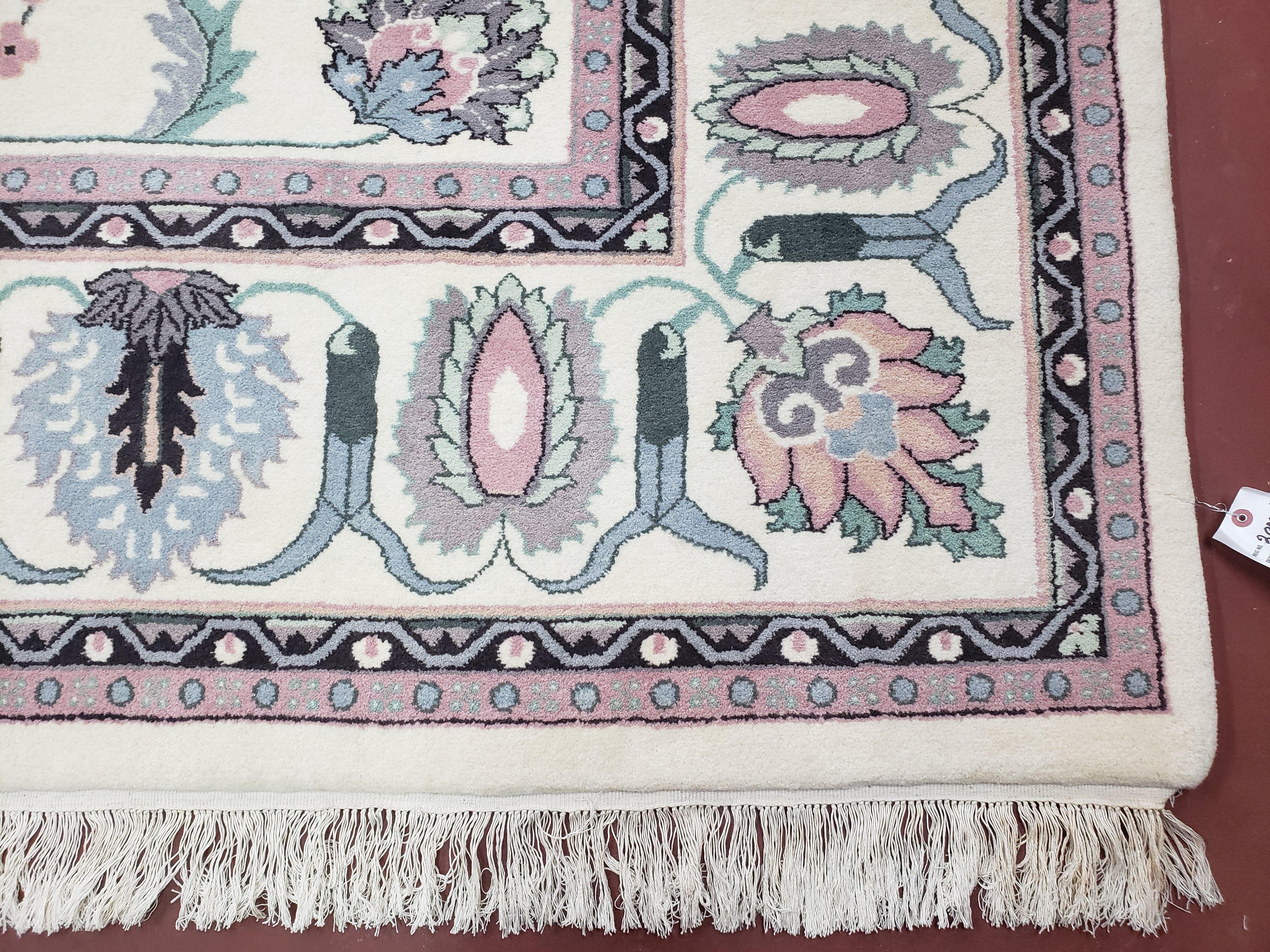 Ivory & Teal Indo Persian Area Rug 9x12, Wool Hand-Knotted Oriental Carpet, 9 x 12 Soft Traditional Living Room Rug, Dining Room Rug