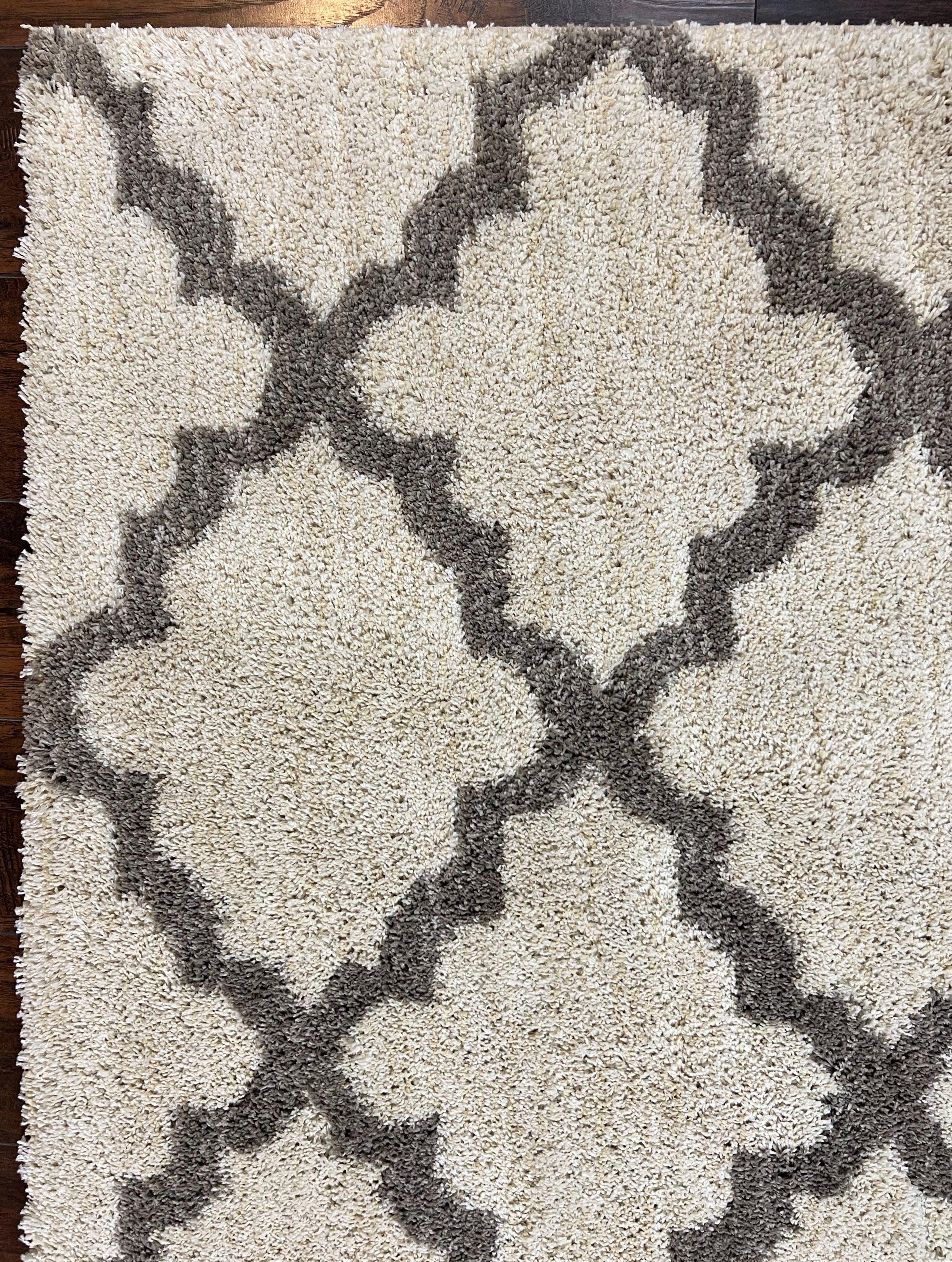Modern Shag Rug, Ivory and Gray, Diamond Panel Design, Room Sized Area Rug