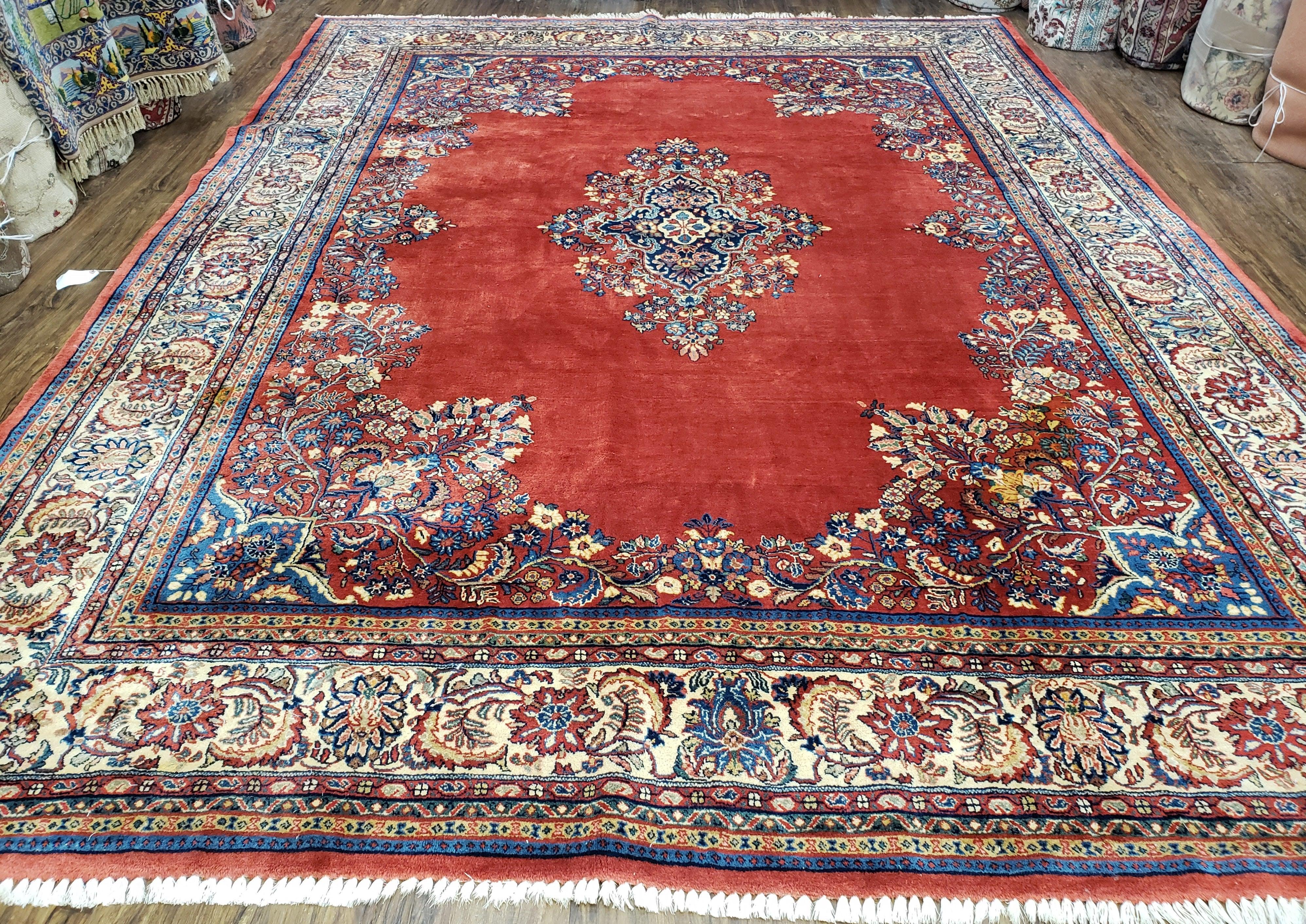 Semi Antique Persian Sarouk Rug 9x12,  Semi Open Field with Central Medallion, Hand Knotted Wool, Tomato Red, 9 x 12 Authentic Oriental Carpet