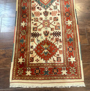 Turkish Runner Rug 2.4 x 8, Kazak Geometric Heriz Pattern, Beige Red