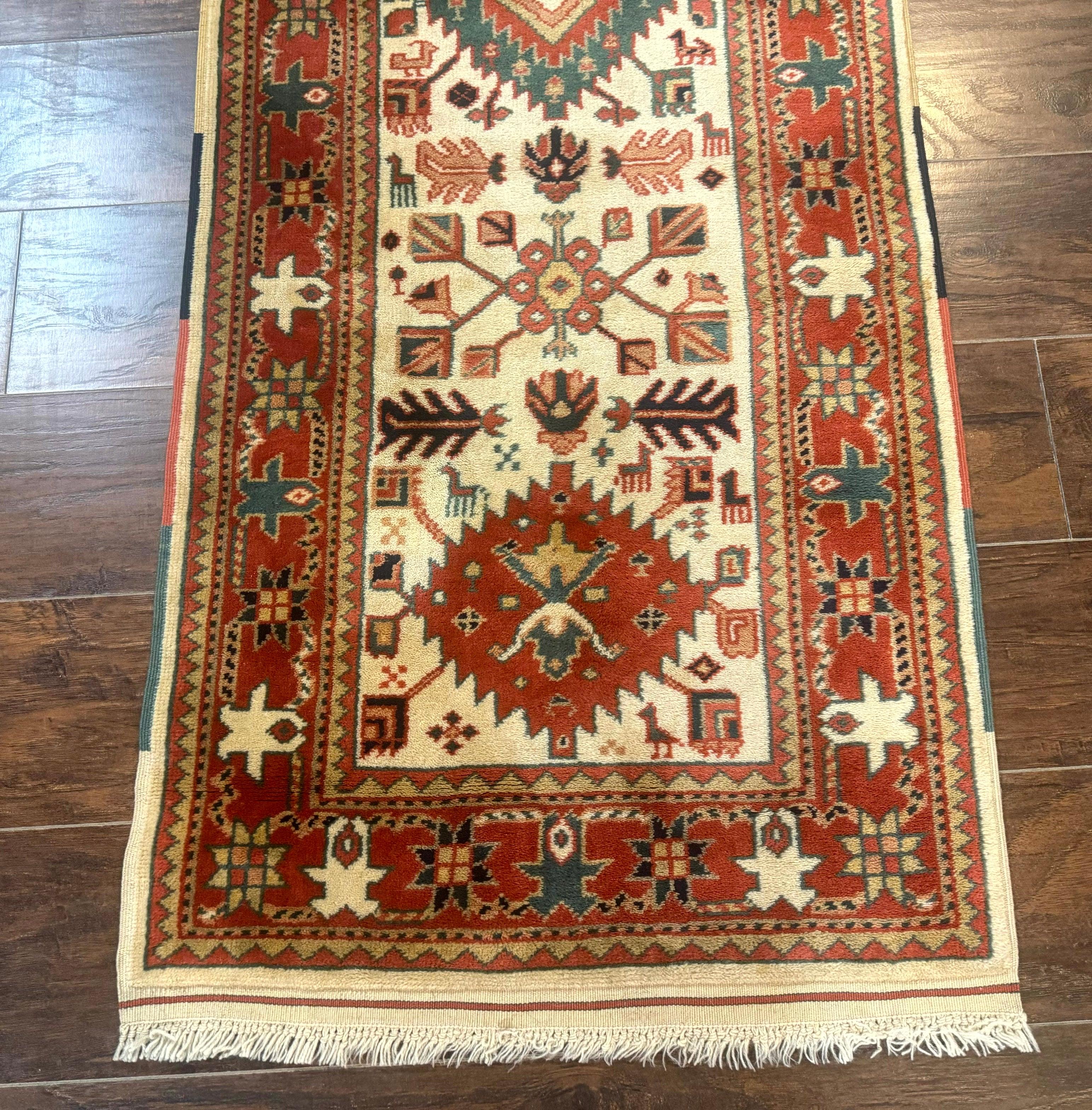 Turkish Runner Rug 2.4 x 8, Kazak Geometric Heriz Pattern, Beige Red