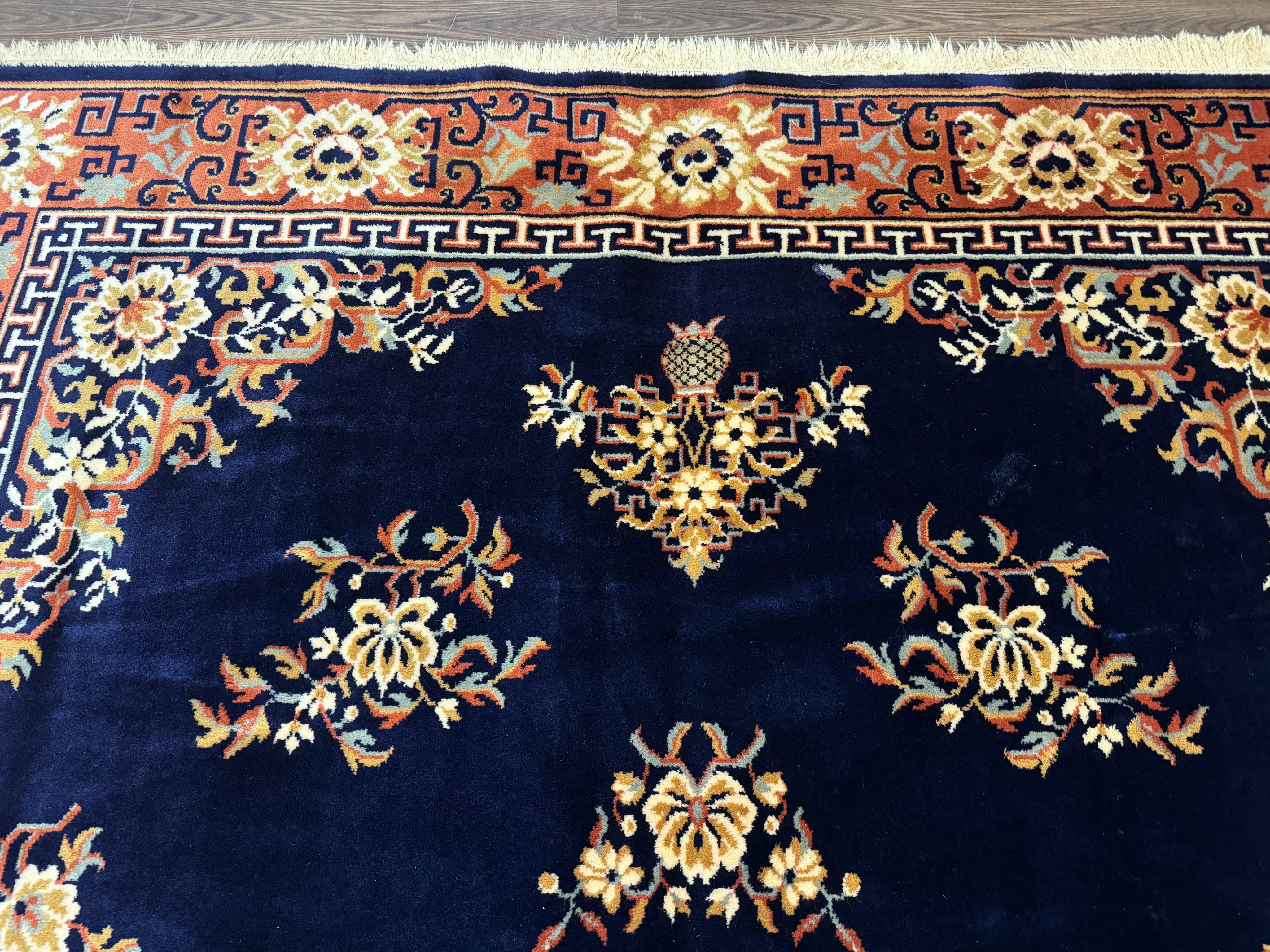 Chinese Wool Rug 8x11, Navy Blue and Terracotta, Floral, Couristan Belgium Power Loomed Carpet
