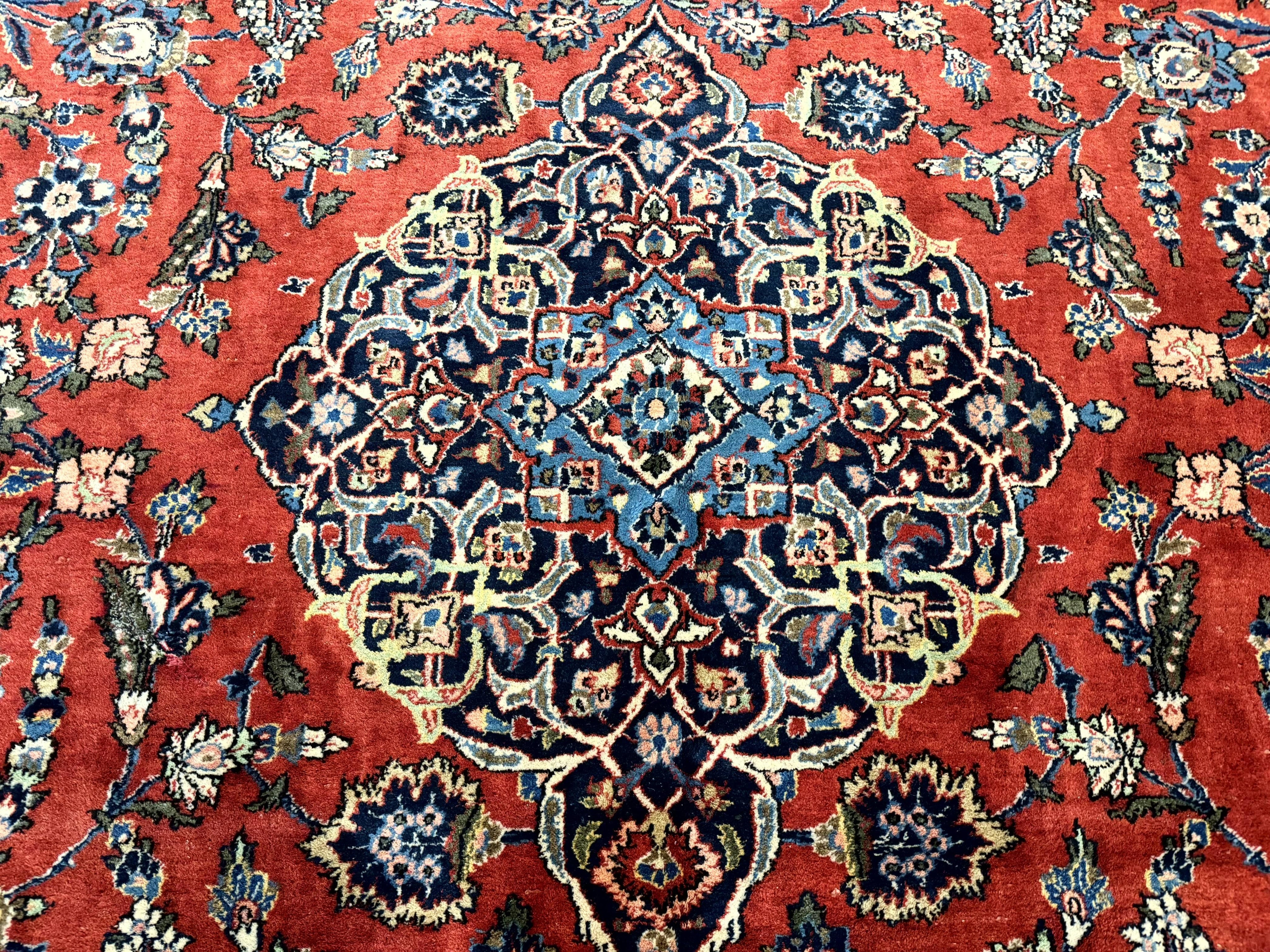 Red Persian Kashan Rug 10x14, Hand-Knotted Semi Antique Floral Medallion Handmade Wool Carpet, Red & Navy Blue