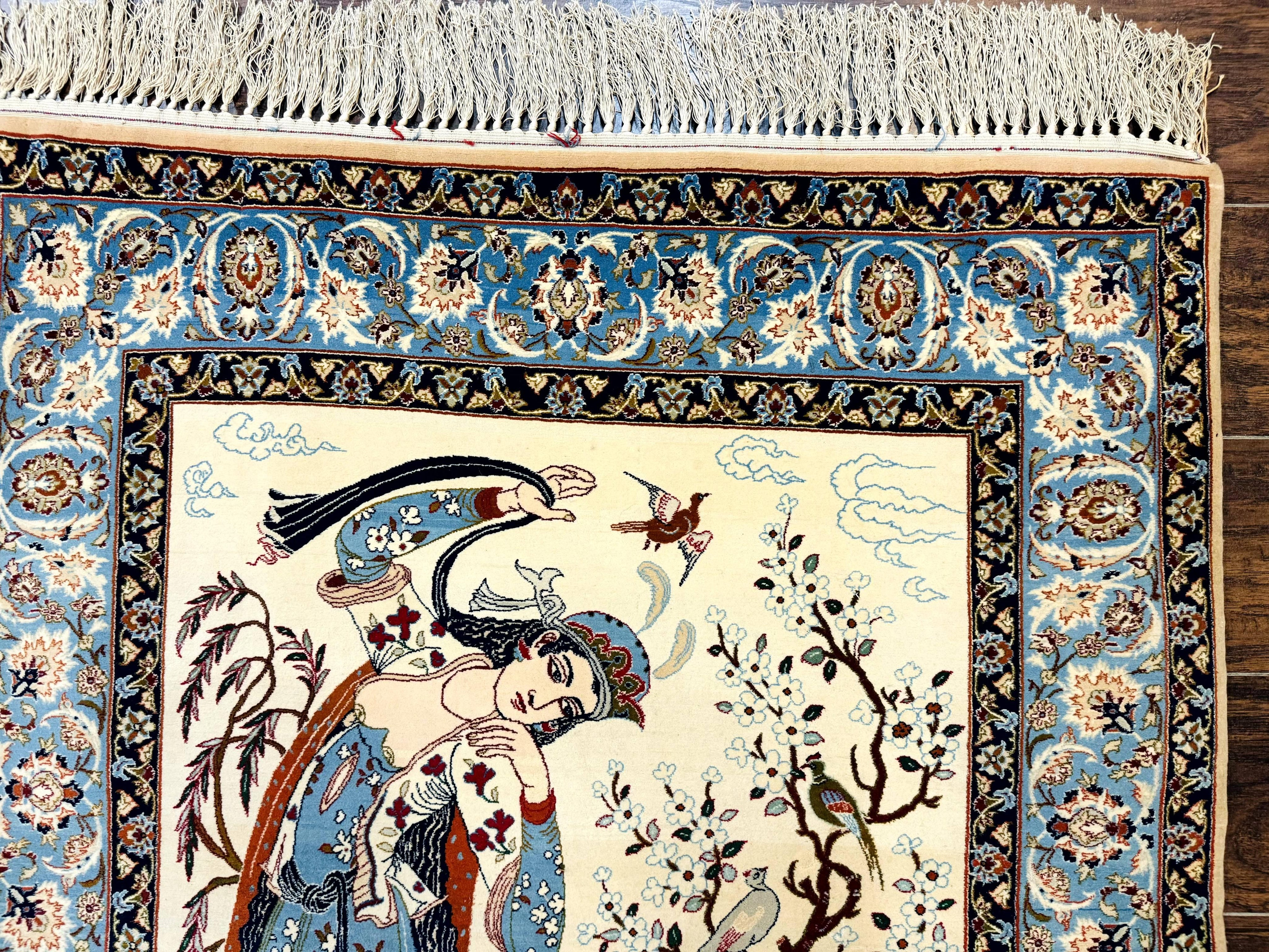 Persian Isfahan Pictorial Rug, Two Lovers, Kork Wool on Silk Foundation, Ivory and Light Blue, 500 KPSI Super Fine