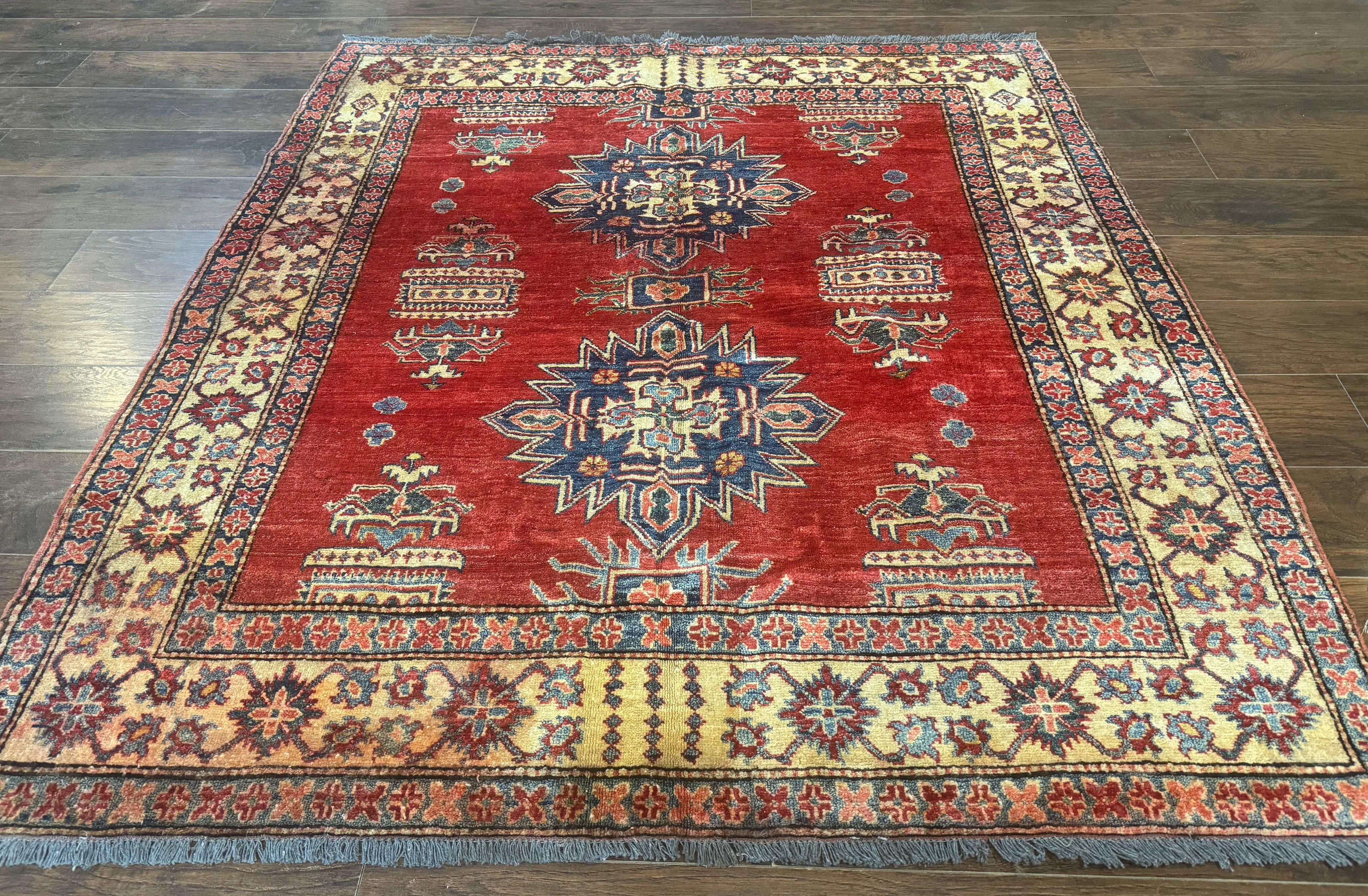 Square Turkish Rug 6x6, Azerbaijani Azeri Turkish Armenian Rug, Red Tan Blue, Geometric, Wool Carpet