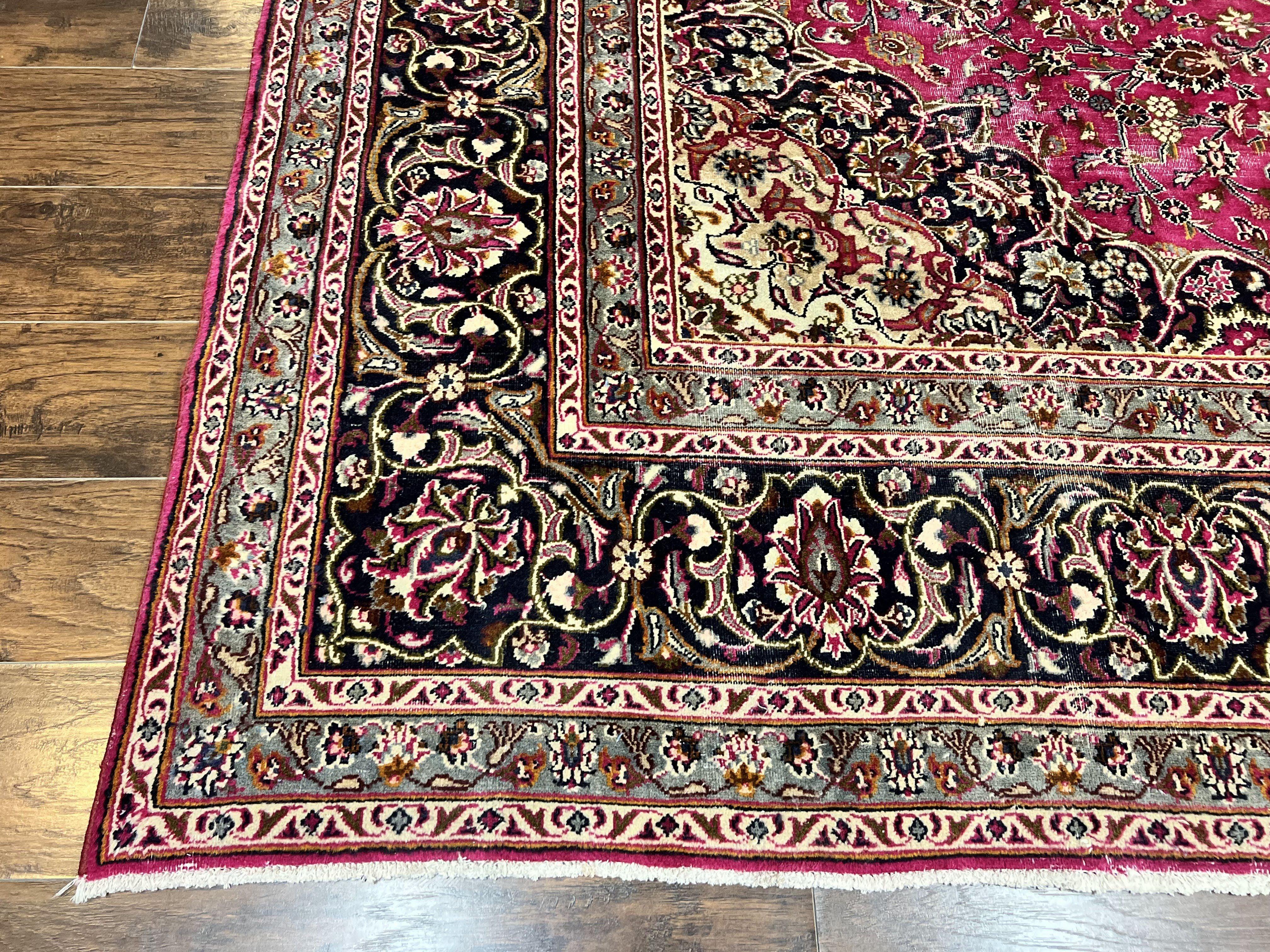 Persian Rug 10x13, Wool Hand Knotted Antique Kashmar Carpet, Raspberry Red & Navy Blue, Floral Medallion, Traditional Oriental Rug 10 x 13